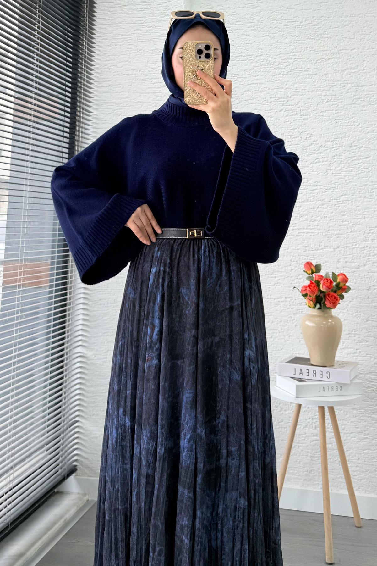 Asimetrik Kesim Astarlı Tül Midi Boy Etek - Lacivert