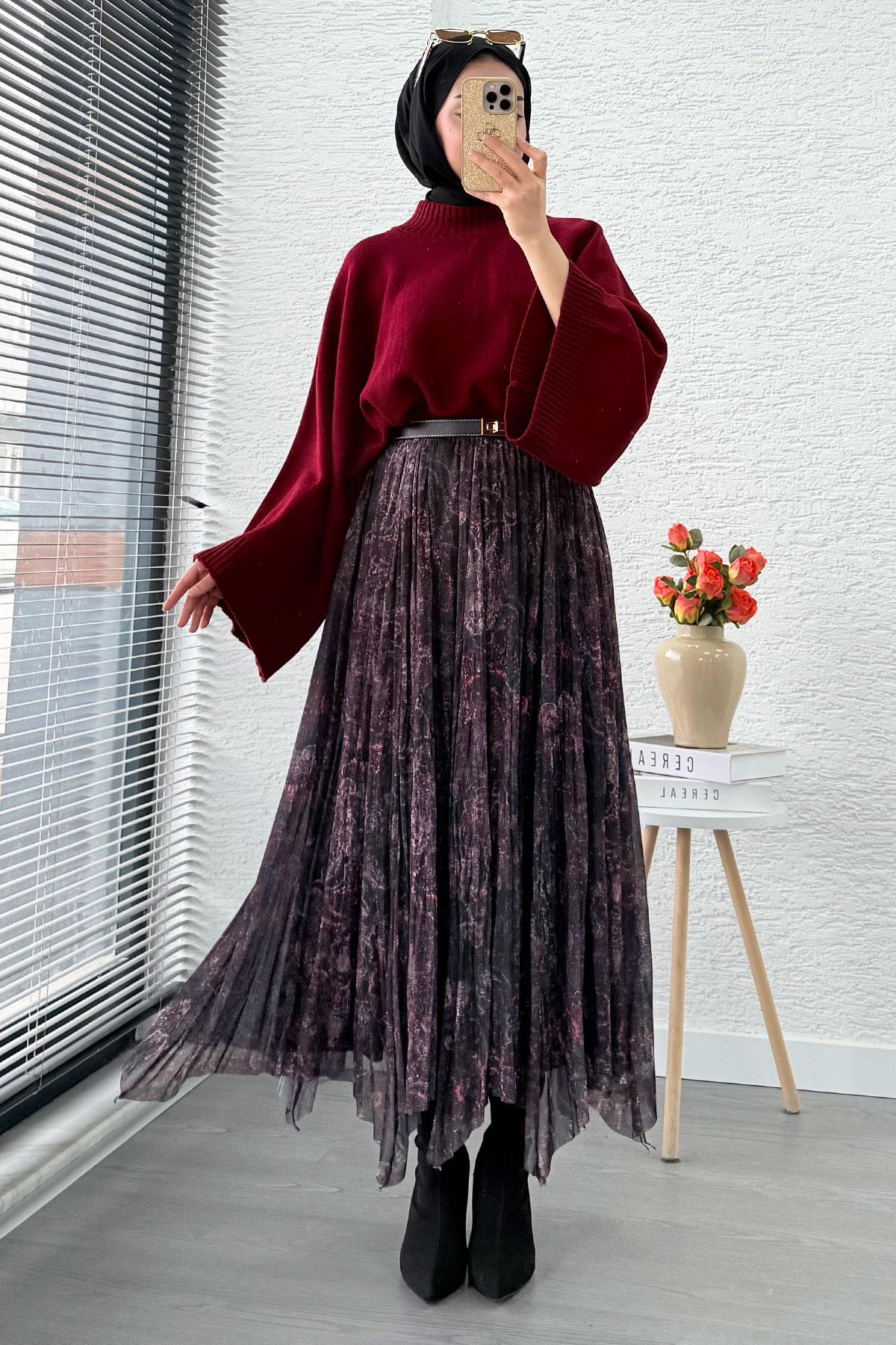 Asimetrik Kesim Astarlı Tül Midi Boy Etek - Siyah Bordo