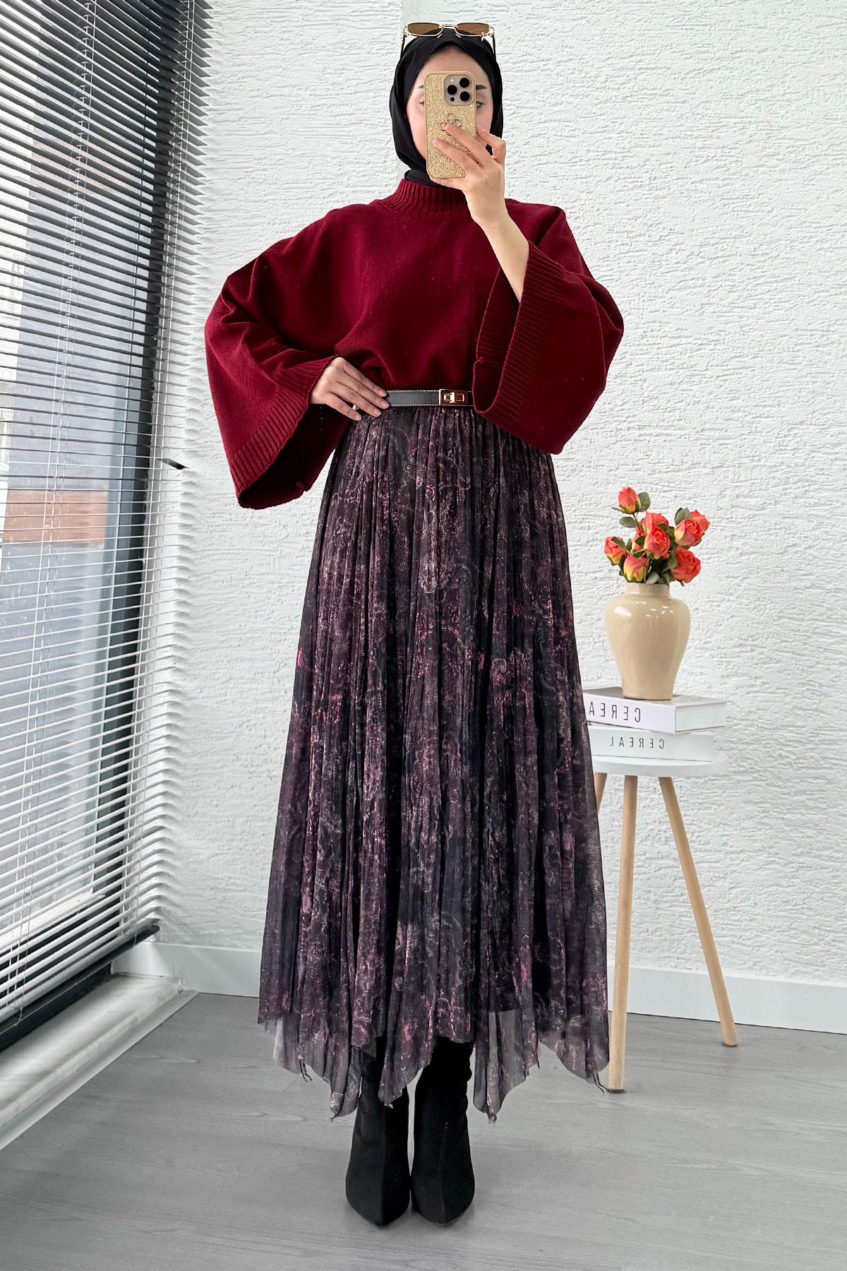 Asimetrik Kesim Astarlı Tül Midi Boy Etek - Siyah Bordo
