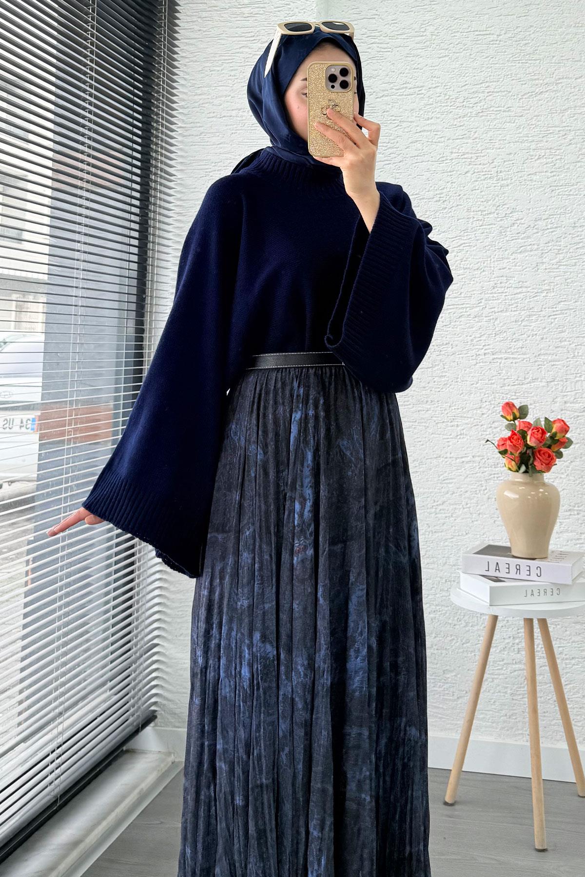 Asimetrik Kesim Astarlı Tül Midi Boy Etek - Lacivert