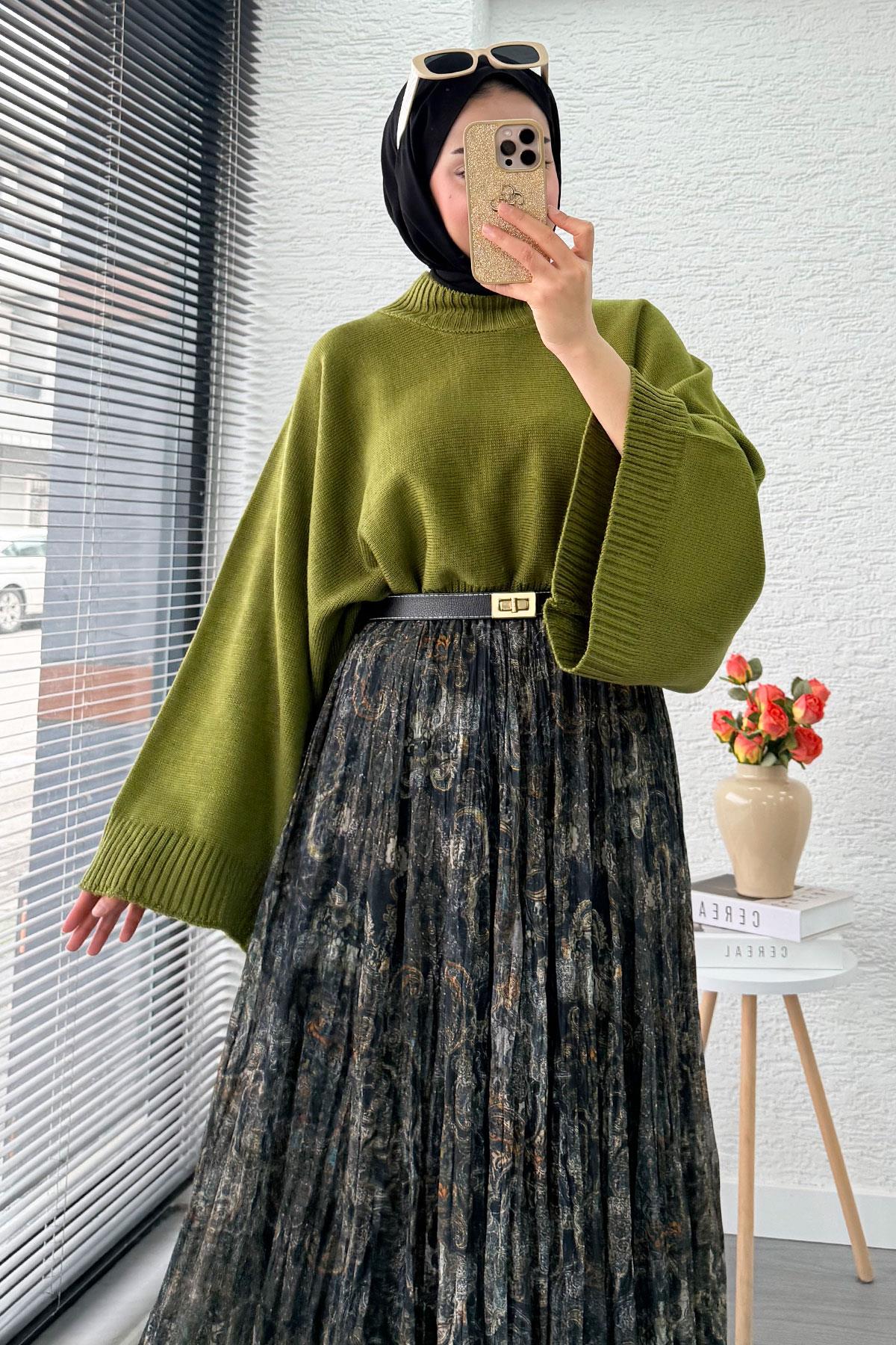 Asimetrik Kesim Astarlı Tül Midi Boy Etek - Yeşil