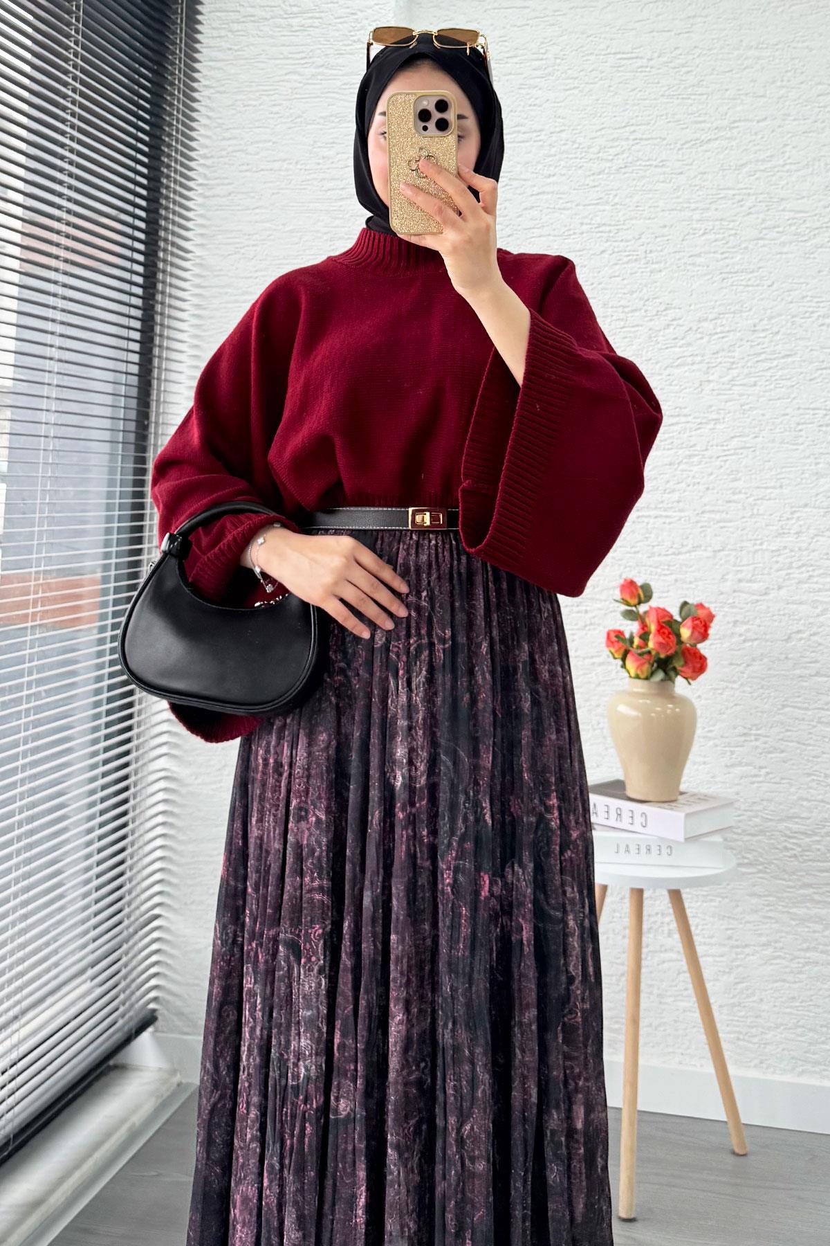 Asimetrik Kesim Astarlı Tül Midi Boy Etek - Siyah Bordo