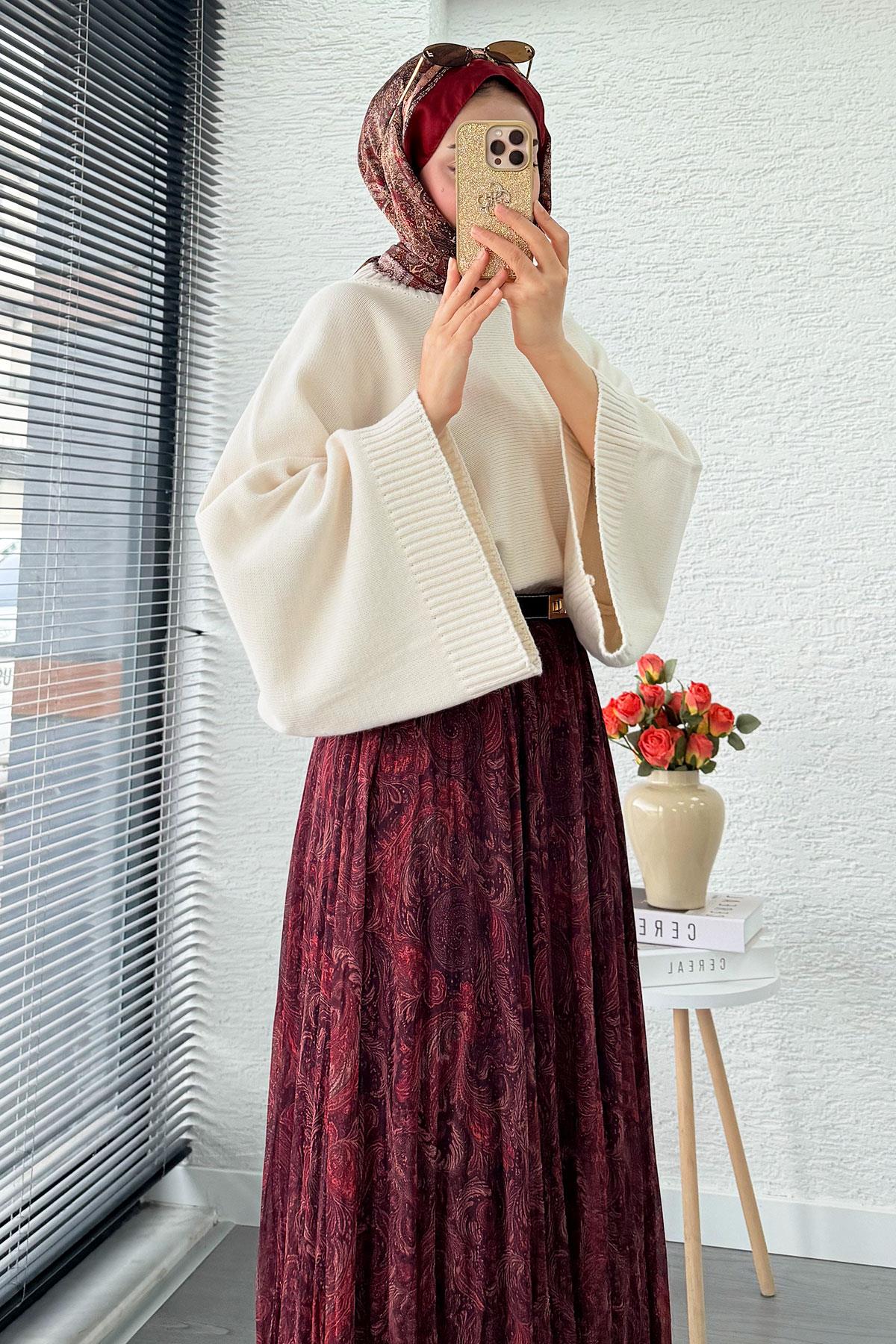 Asimetrik Kesim Astarlı Tül Midi Boy Etek - Bordo