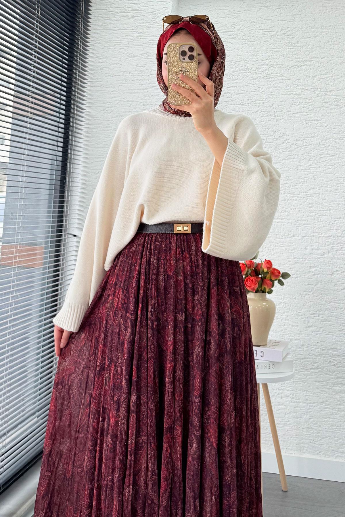 Asimetrik Kesim Astarlı Tül Midi Boy Etek - Bordo