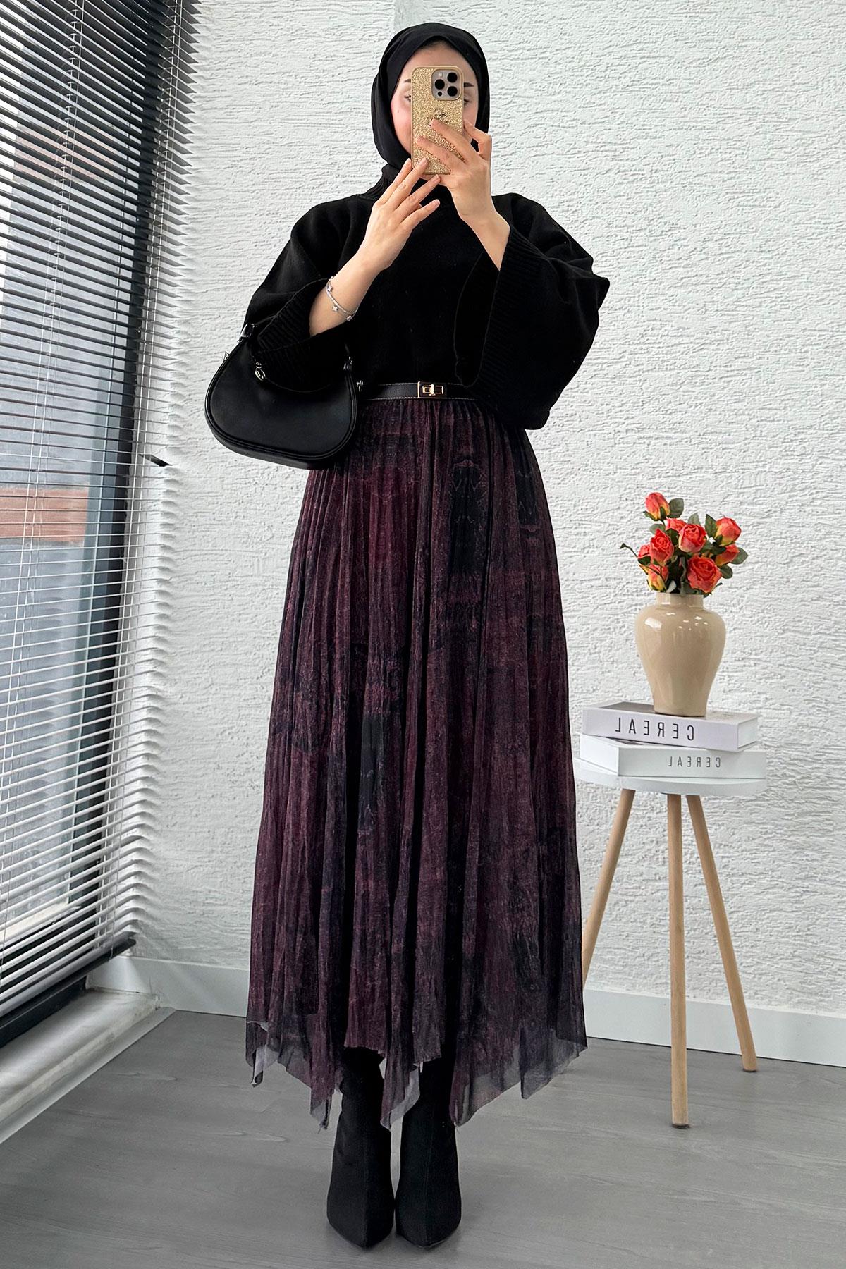 Asimetrik Kesim Astarlı Tül Midi Boy Etek - Siyah