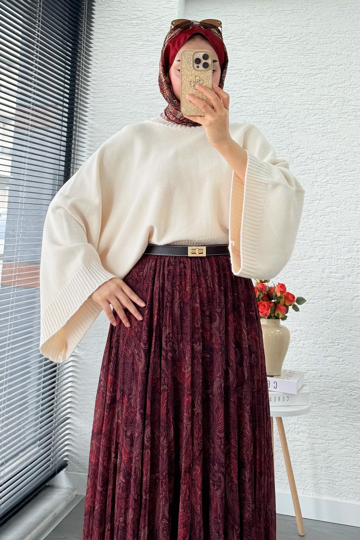 Asimetrik Kesim Astarlı Tül Midi Boy Etek - Bordo