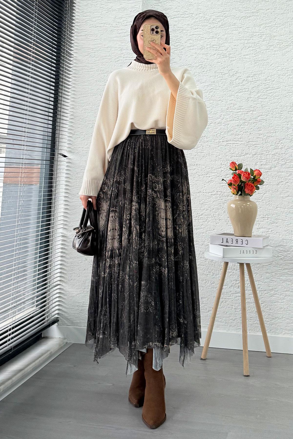 Asimetrik Kesim Astarlı Tül Midi Boy Etek - Haki