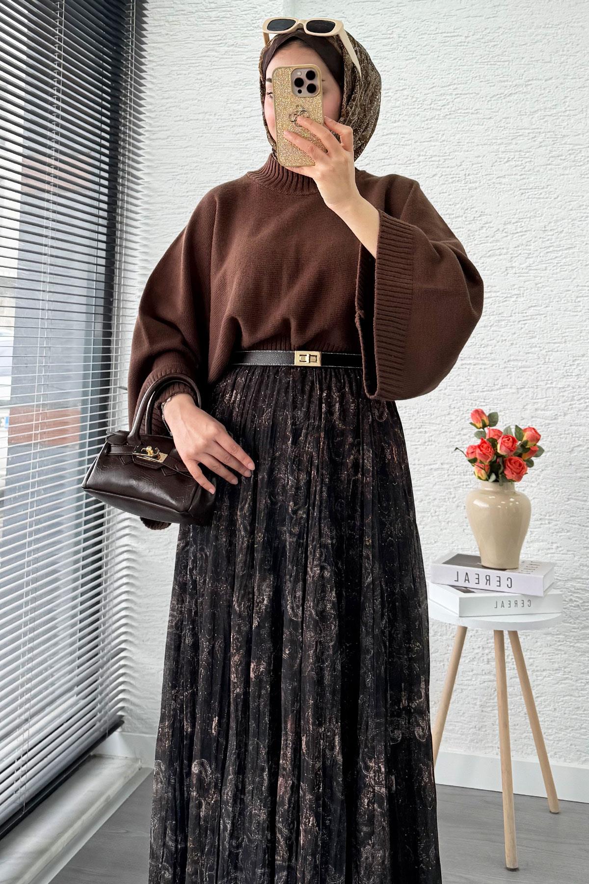 Asimetrik Kesim Astarlı Tül Midi Boy Etek - Acı Kahve