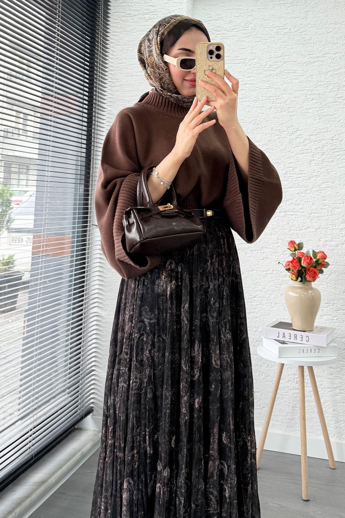 Asimetrik Kesim Astarlı Tül Midi Boy Etek - Acı Kahve