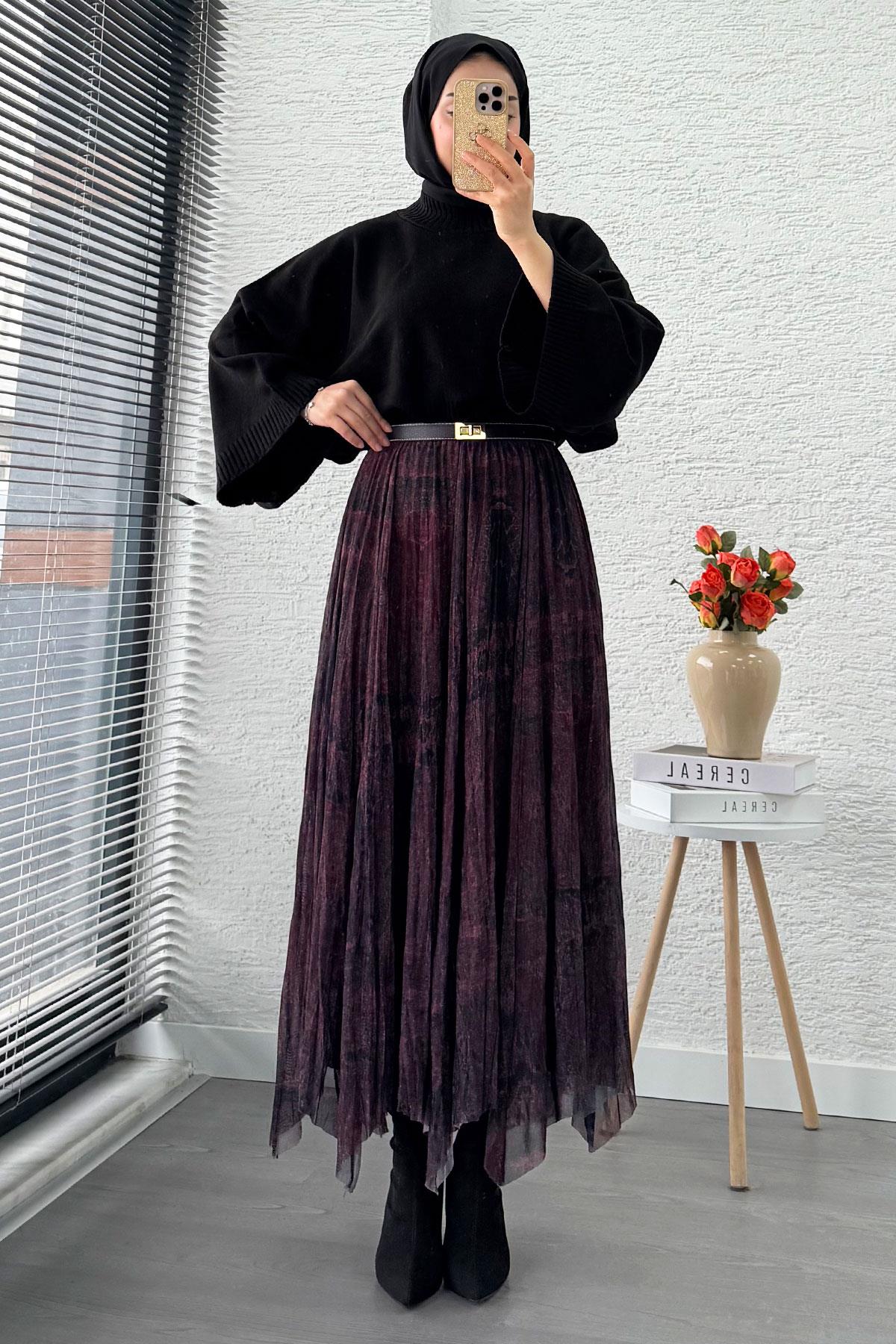 Asimetrik Kesim Astarlı Tül Midi Boy Etek - Siyah