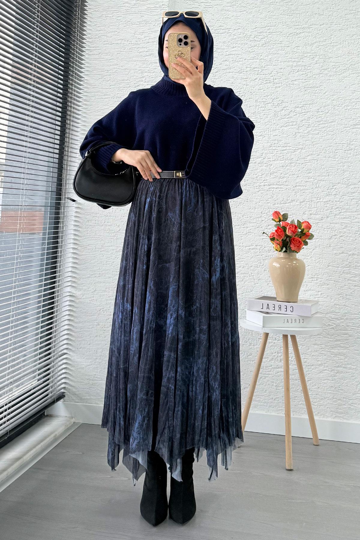 Asimetrik Kesim Astarlı Tül Midi Boy Etek - Lacivert