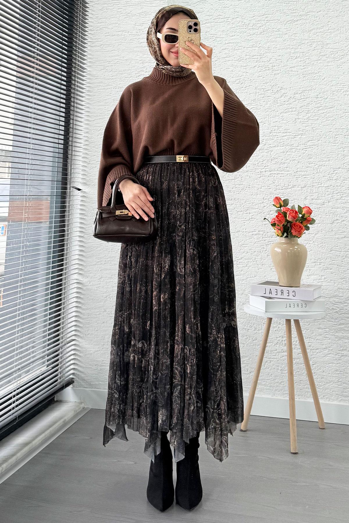 Asimetrik Kesim Astarlı Tül Midi Boy Etek - Acı Kahve