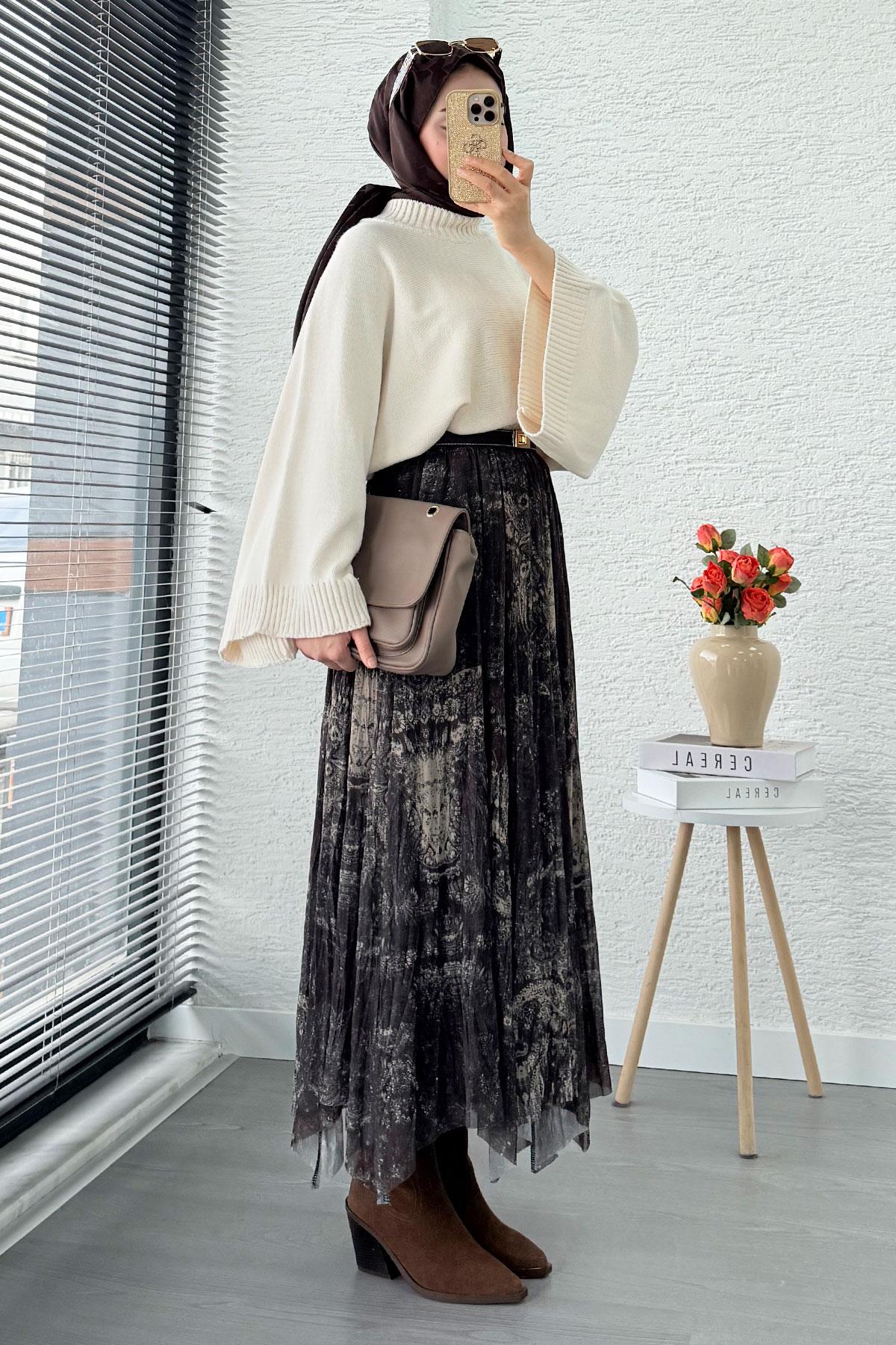 Asimetrik Kesim Astarlı Tül Midi Boy Etek - Kahverengi