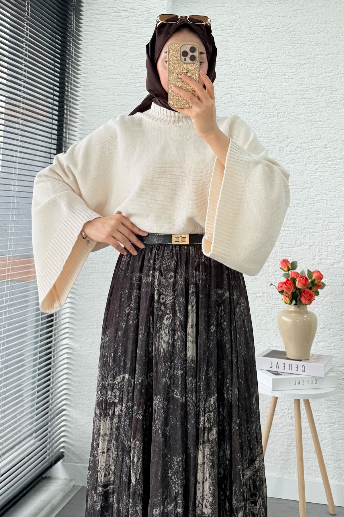 Asimetrik Kesim Astarlı Tül Midi Boy Etek - Kahverengi