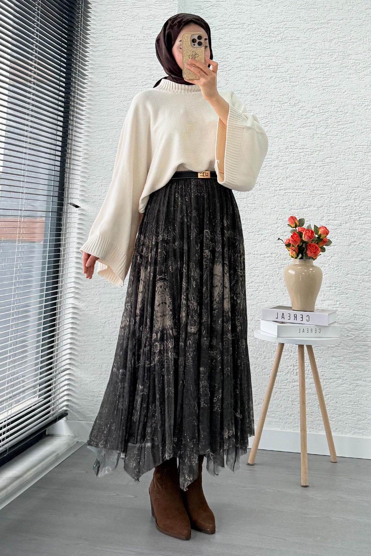 Asimetrik Kesim Astarlı Tül Midi Boy Etek - Haki