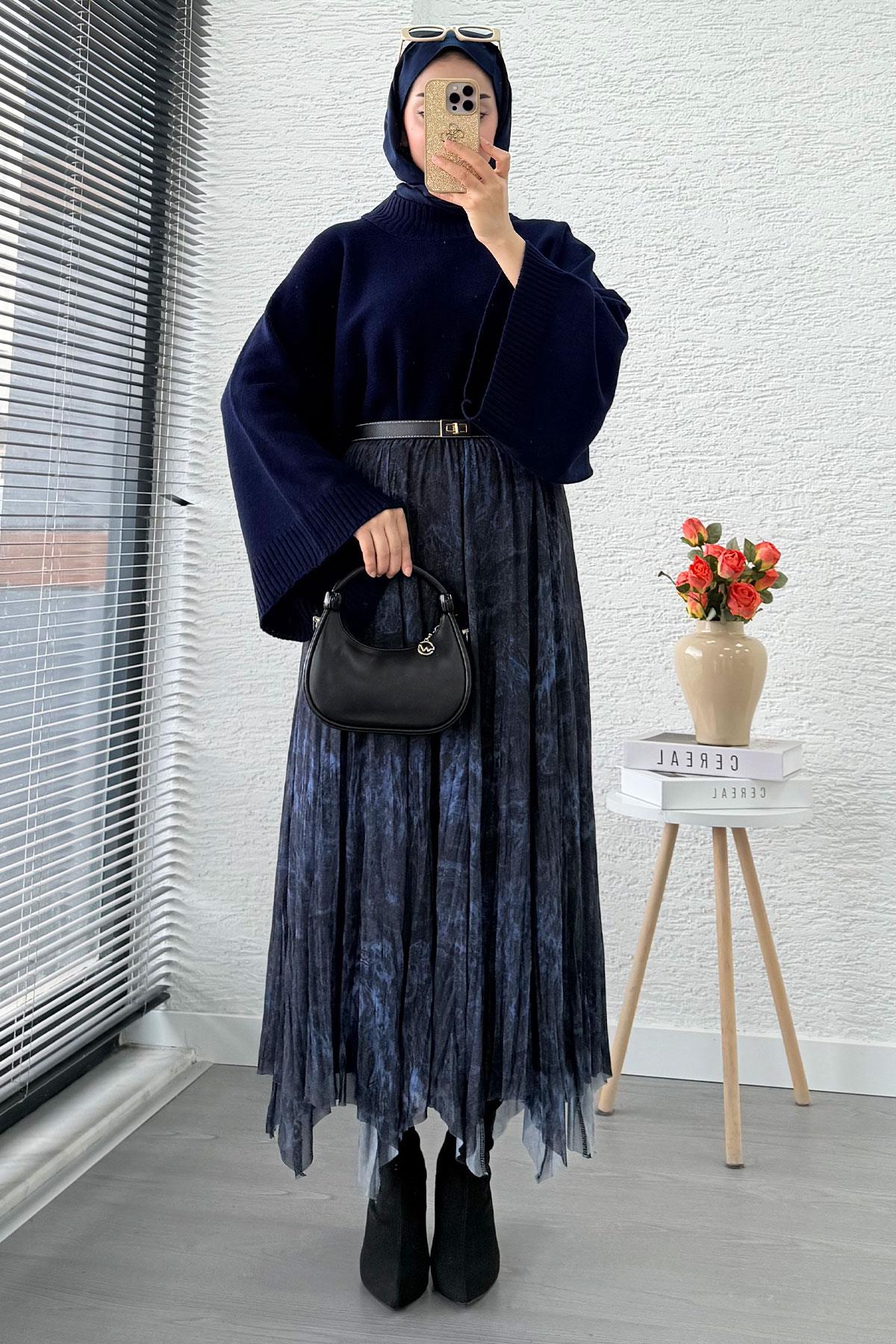 Asimetrik Kesim Astarlı Tül Midi Boy Etek - Lacivert