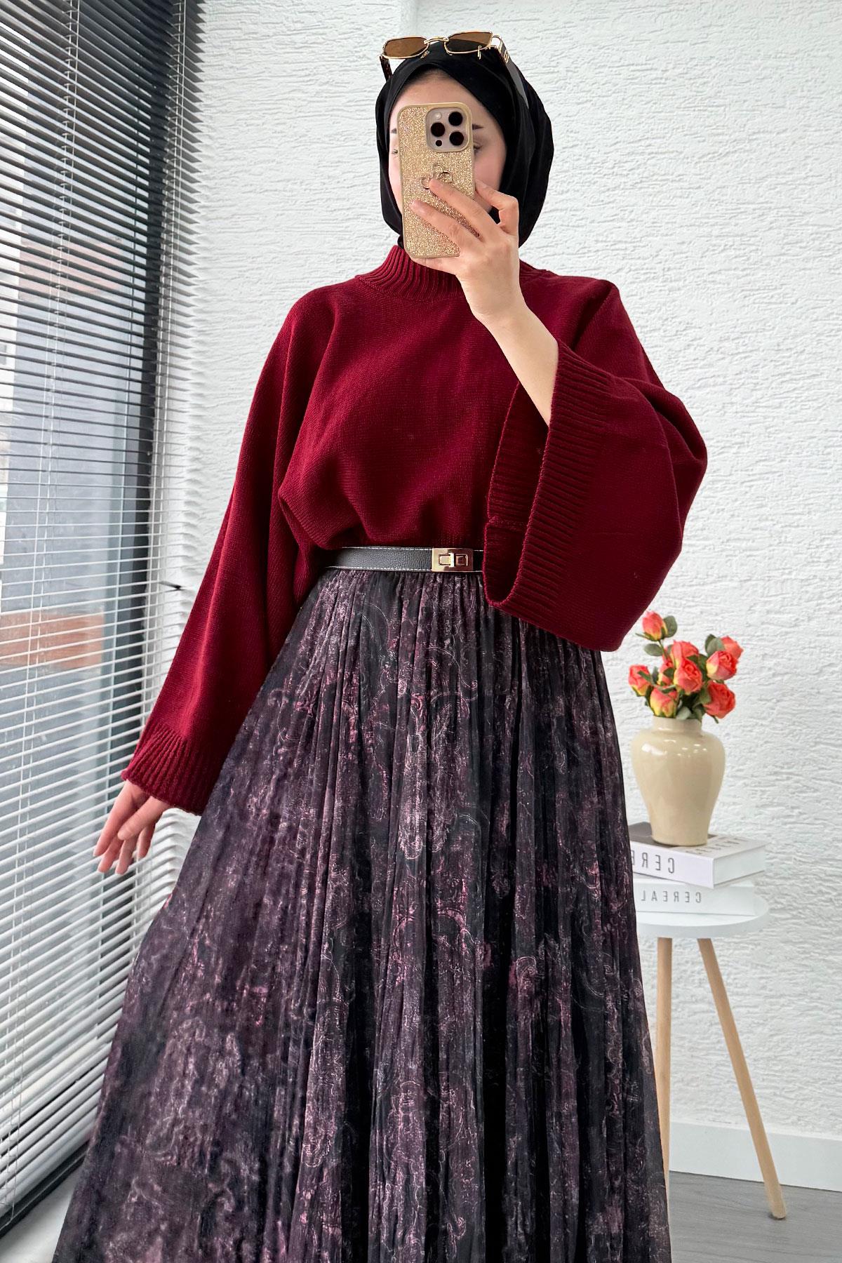 Asimetrik Kesim Astarlı Tül Midi Boy Etek - Siyah Bordo