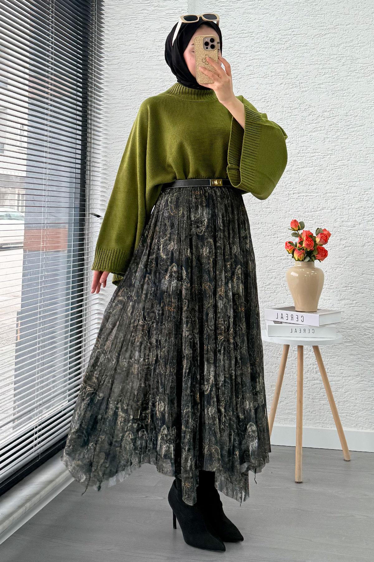 Asimetrik Kesim Astarlı Tül Midi Boy Etek - Yeşil