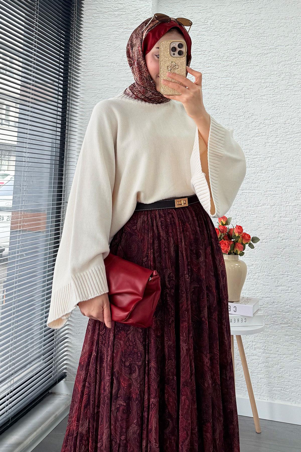 Asimetrik Kesim Astarlı Tül Midi Boy Etek - Bordo