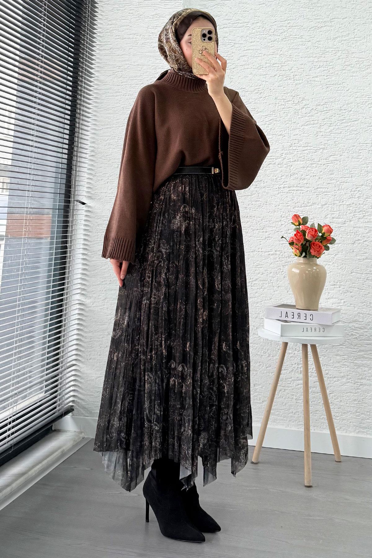 Asimetrik Kesim Astarlı Tül Midi Boy Etek - Acı Kahve