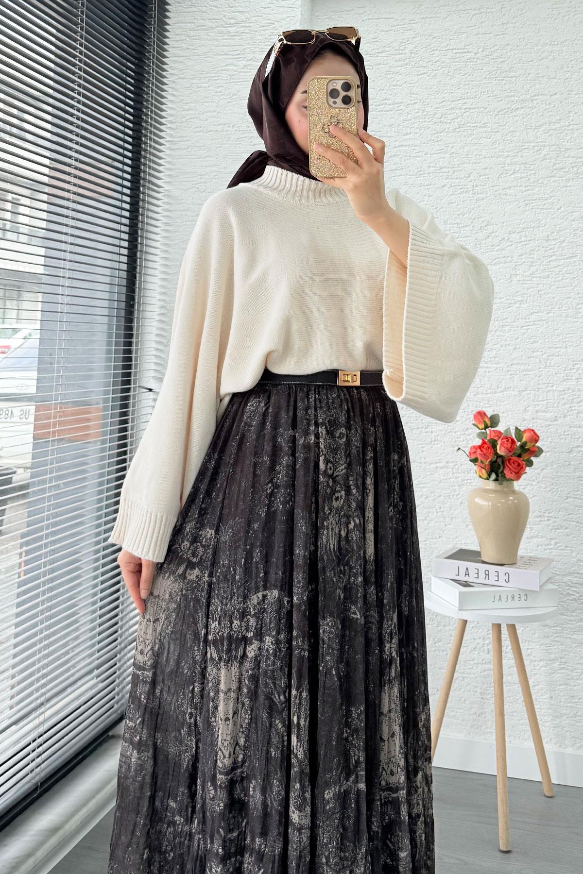 Asimetrik Kesim Astarlı Tül Midi Boy Etek - Kahverengi