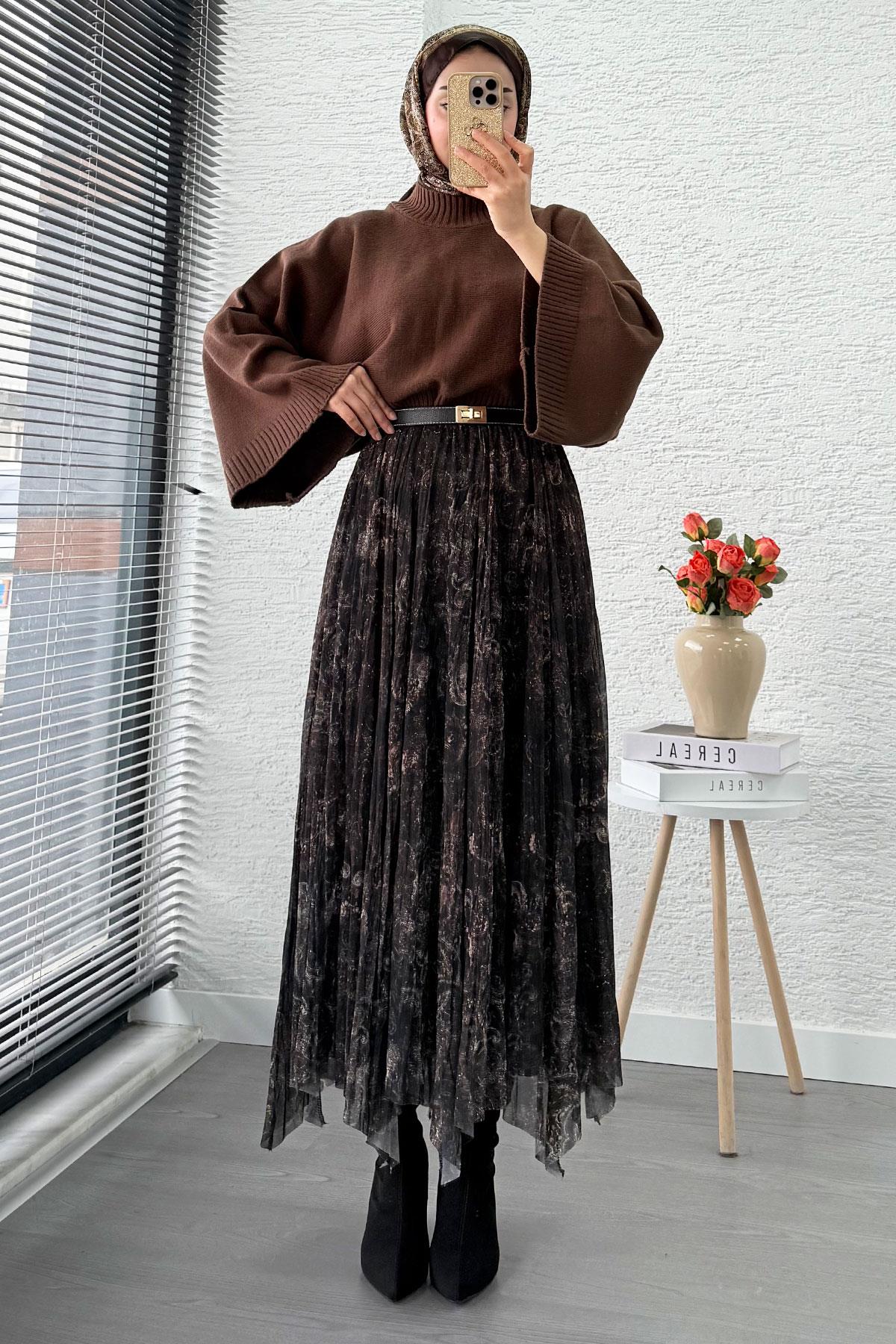 Asimetrik Kesim Astarlı Tül Midi Boy Etek - Acı Kahve