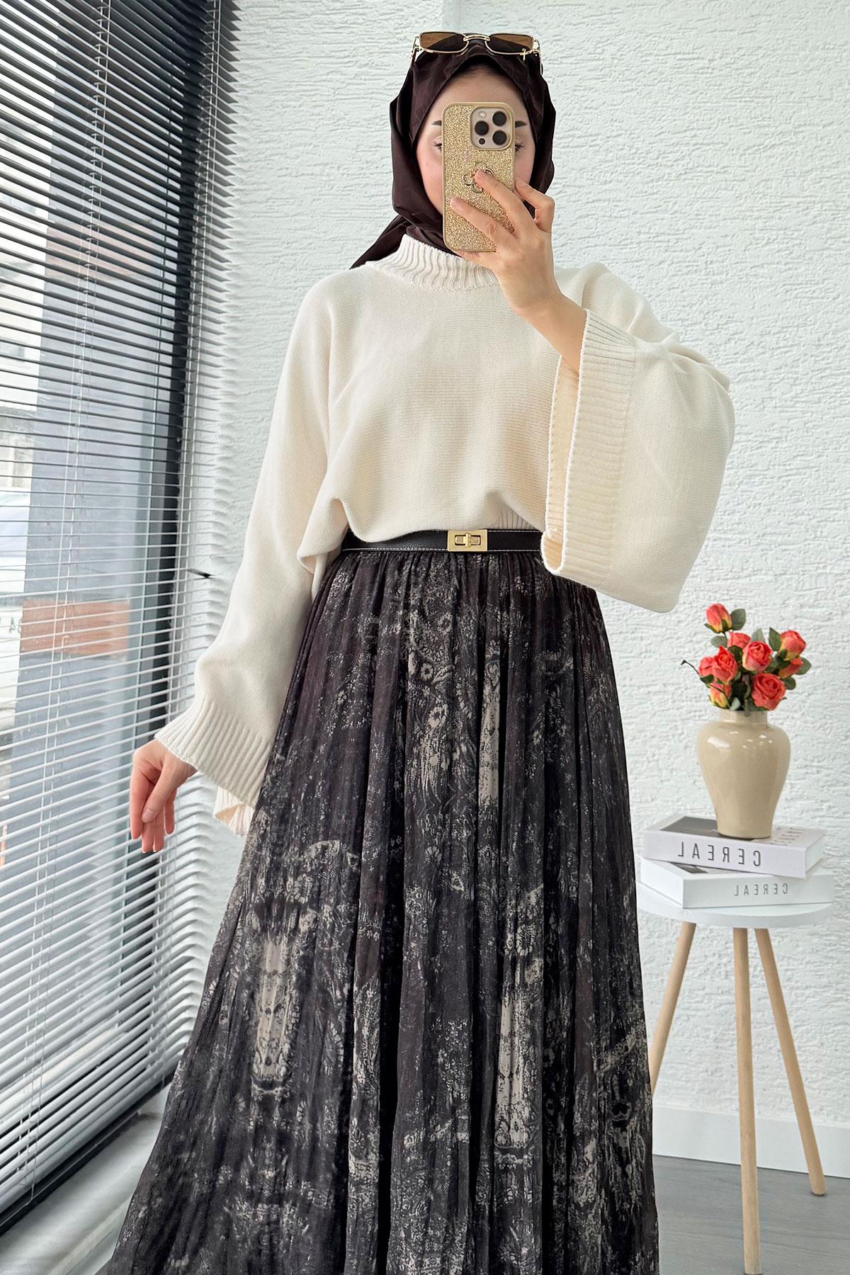 Asimetrik Kesim Astarlı Tül Midi Boy Etek - Kahverengi