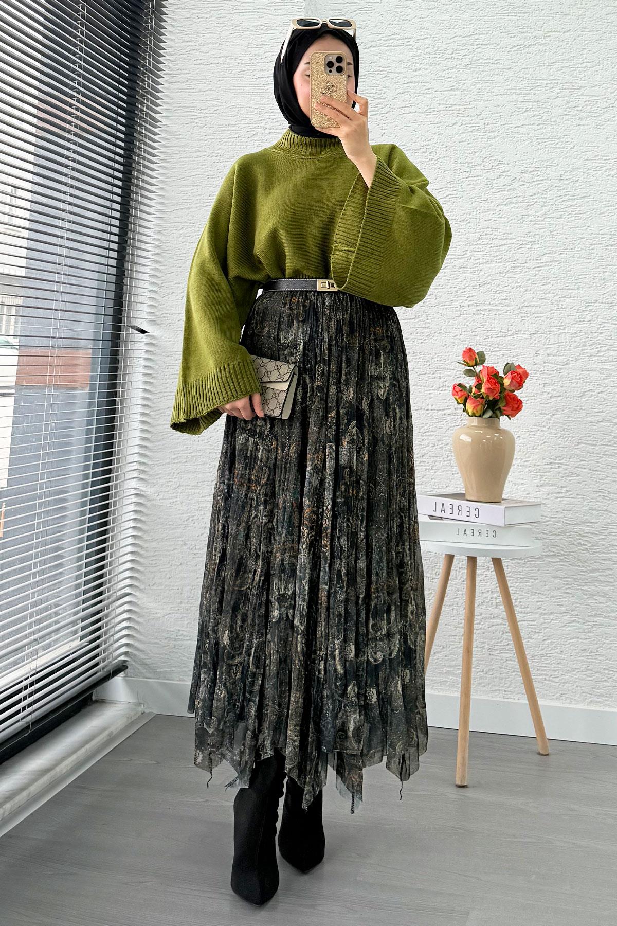 Asimetrik Kesim Astarlı Tül Midi Boy Etek - Yeşil