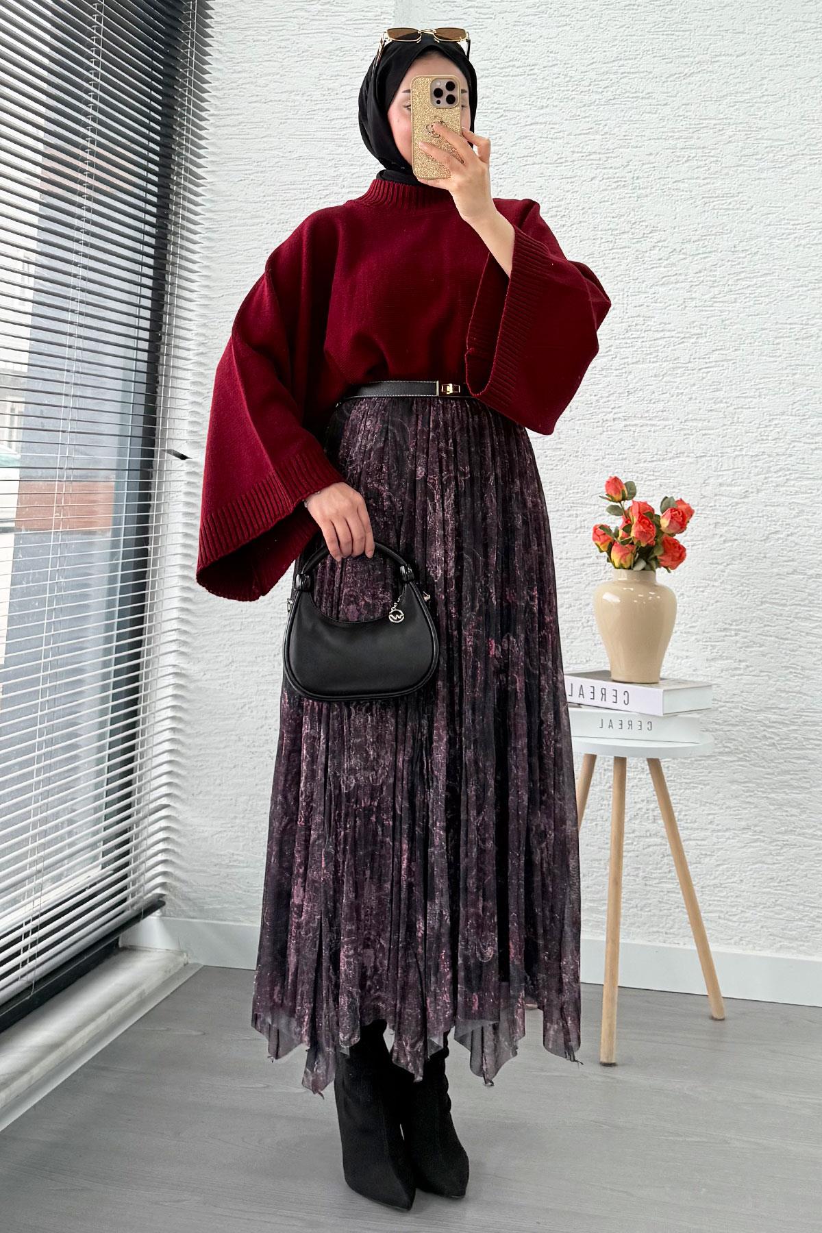 Asimetrik Kesim Astarlı Tül Midi Boy Etek - Siyah Bordo