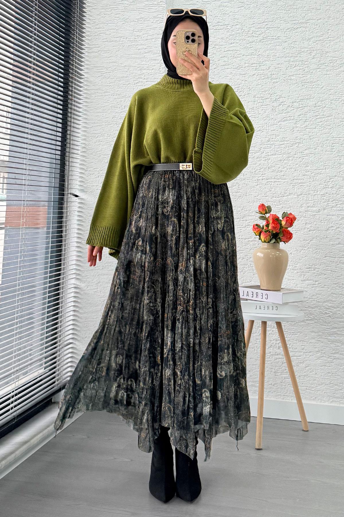 Asimetrik Kesim Astarlı Tül Midi Boy Etek - Yeşil