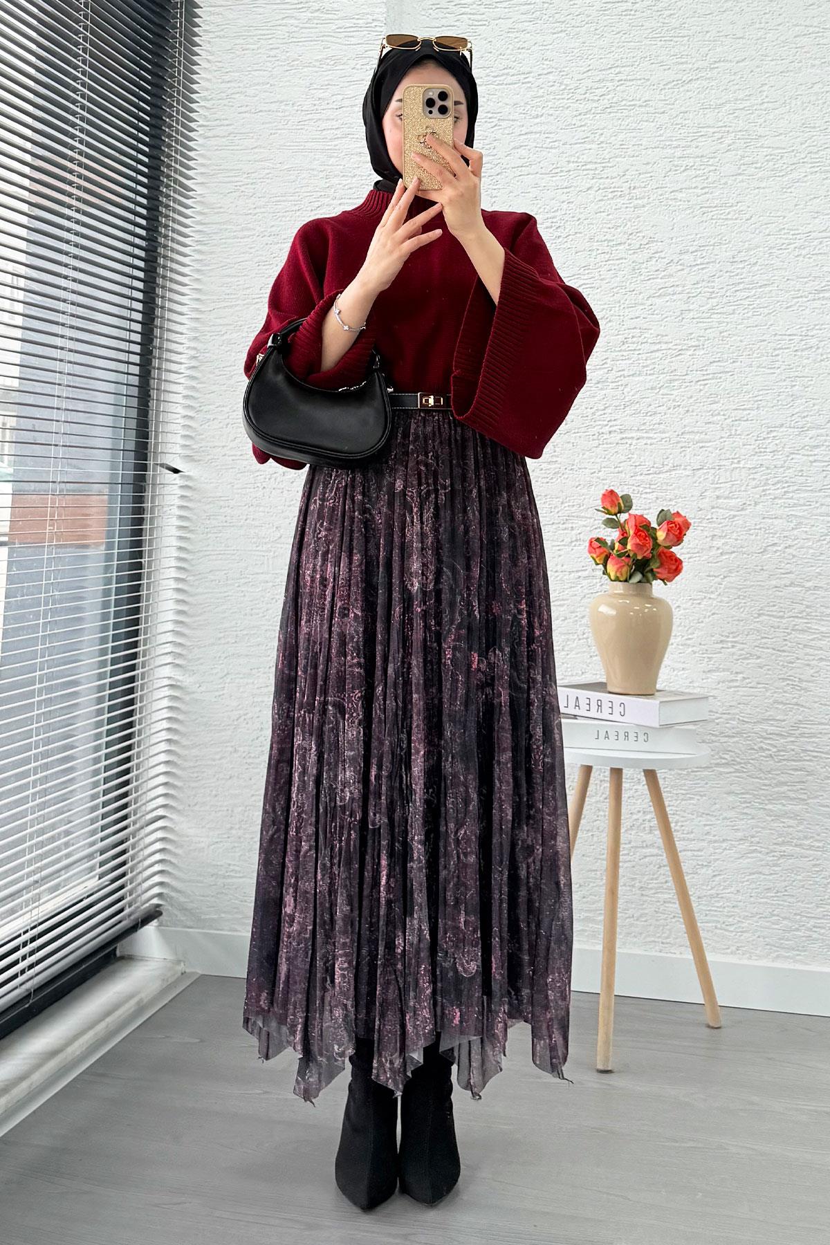 Asimetrik Kesim Astarlı Tül Midi Boy Etek - Siyah Bordo