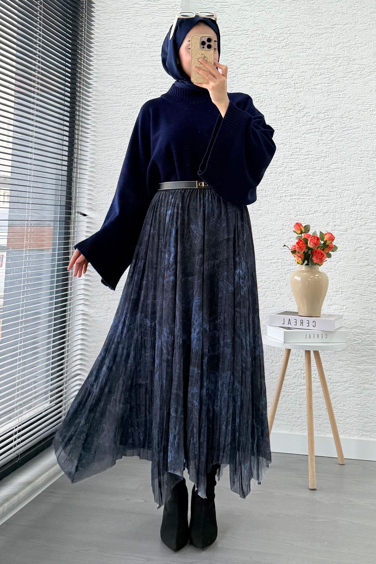 Asimetrik Kesim Astarlı Tül Midi Boy Etek - Lacivert