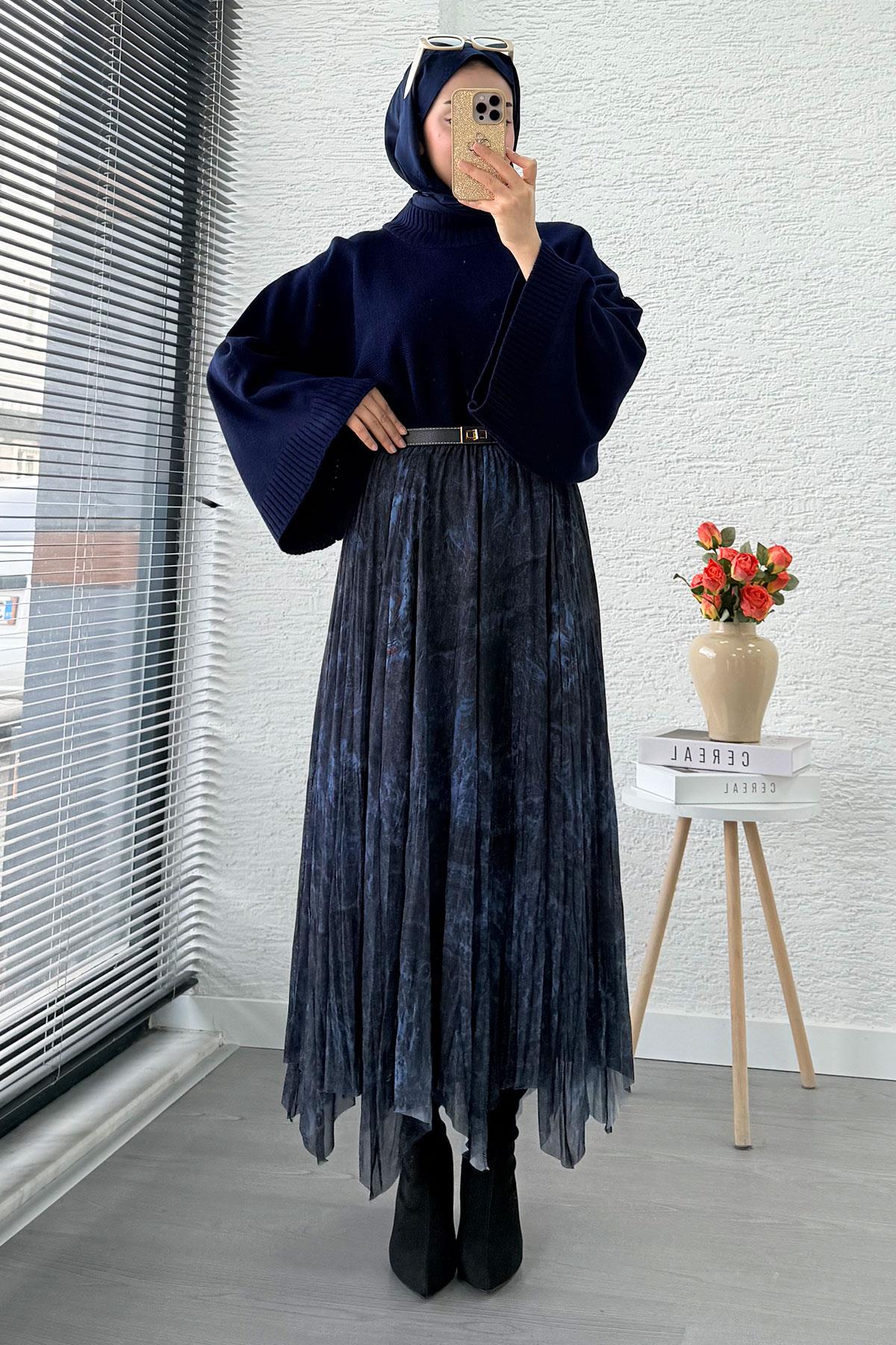 Asimetrik Kesim Astarlı Tül Midi Boy Etek - Lacivert