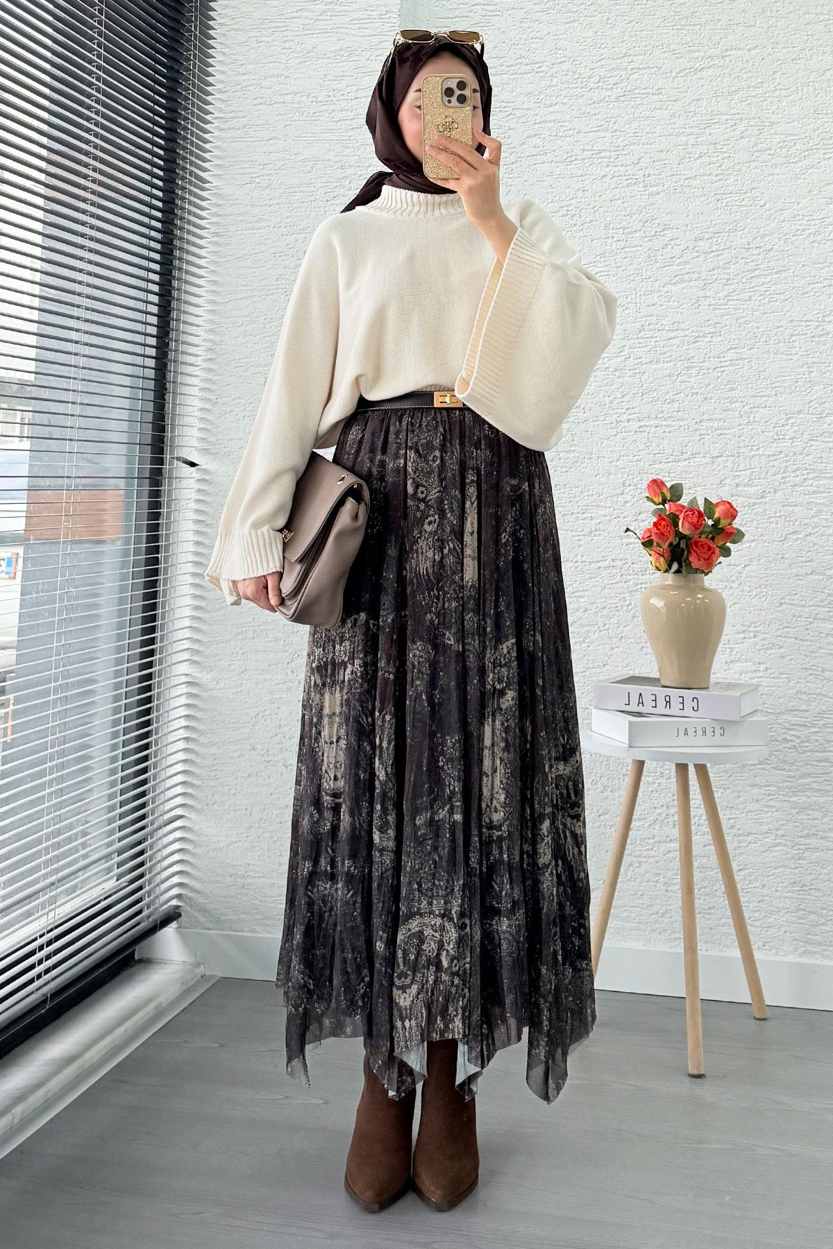 Asimetrik Kesim Astarlı Tül Midi Boy Etek - Kahverengi