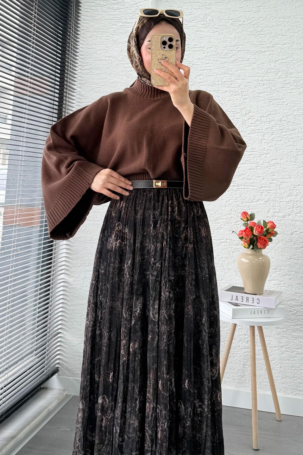 Asimetrik Kesim Astarlı Tül Midi Boy Etek - Acı Kahve