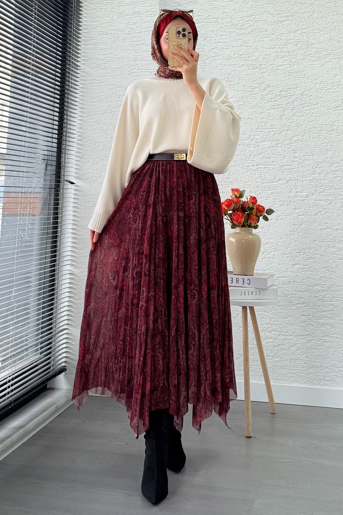 Asimetrik Kesim Astarlı Tül Midi Boy Etek - Bordo