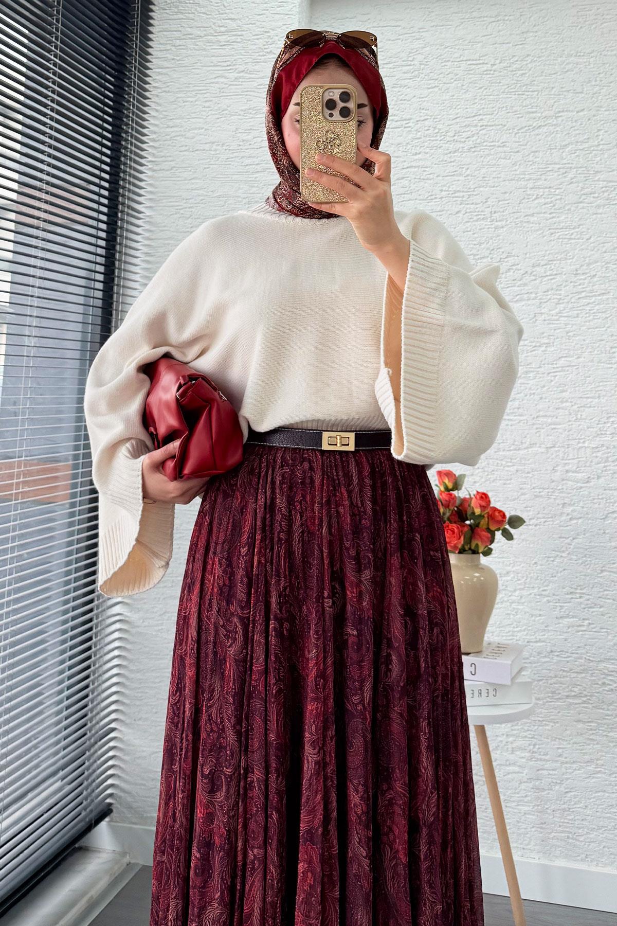 Asimetrik Kesim Astarlı Tül Midi Boy Etek - Bordo