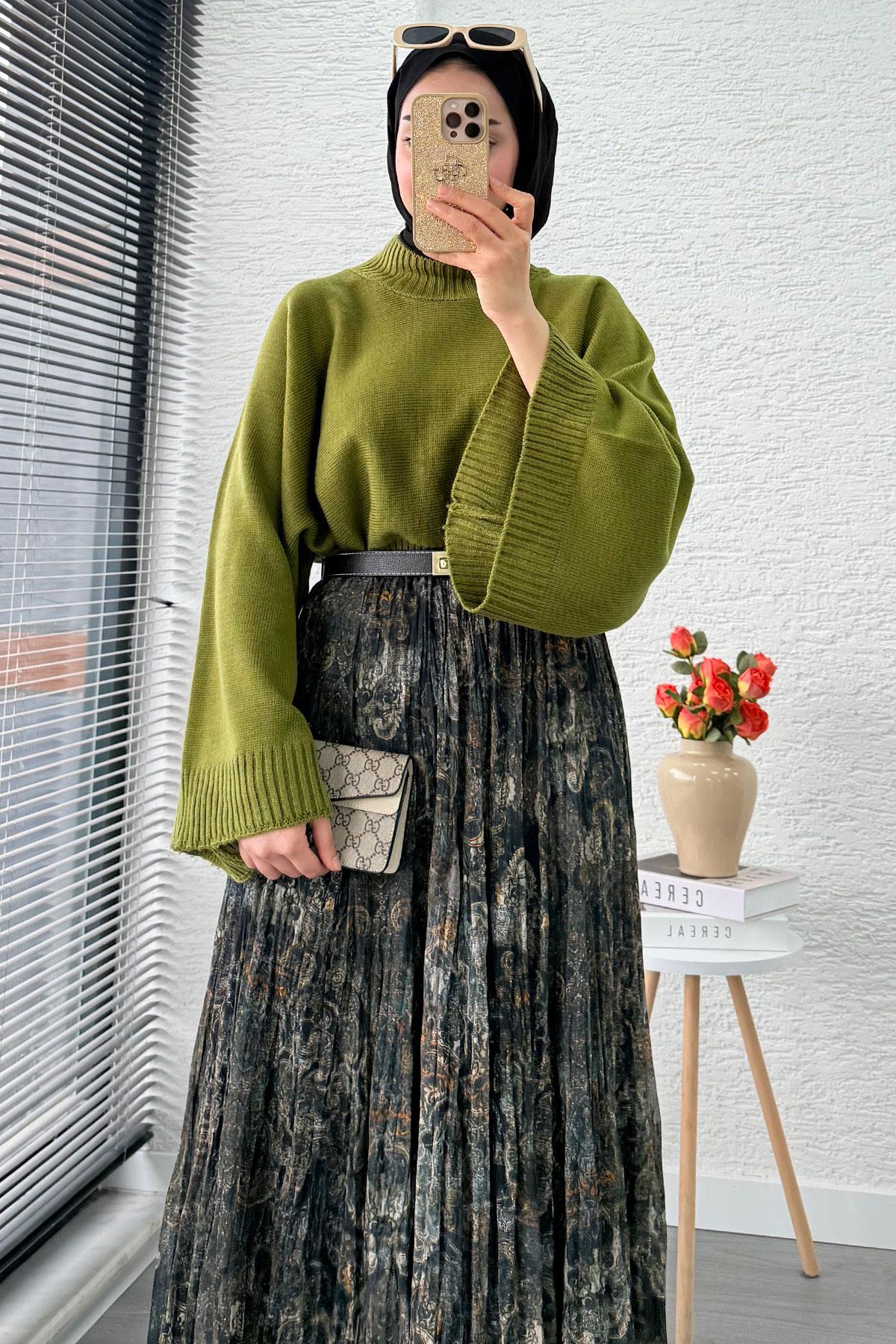 Asimetrik Kesim Astarlı Tül Midi Boy Etek - Yeşil