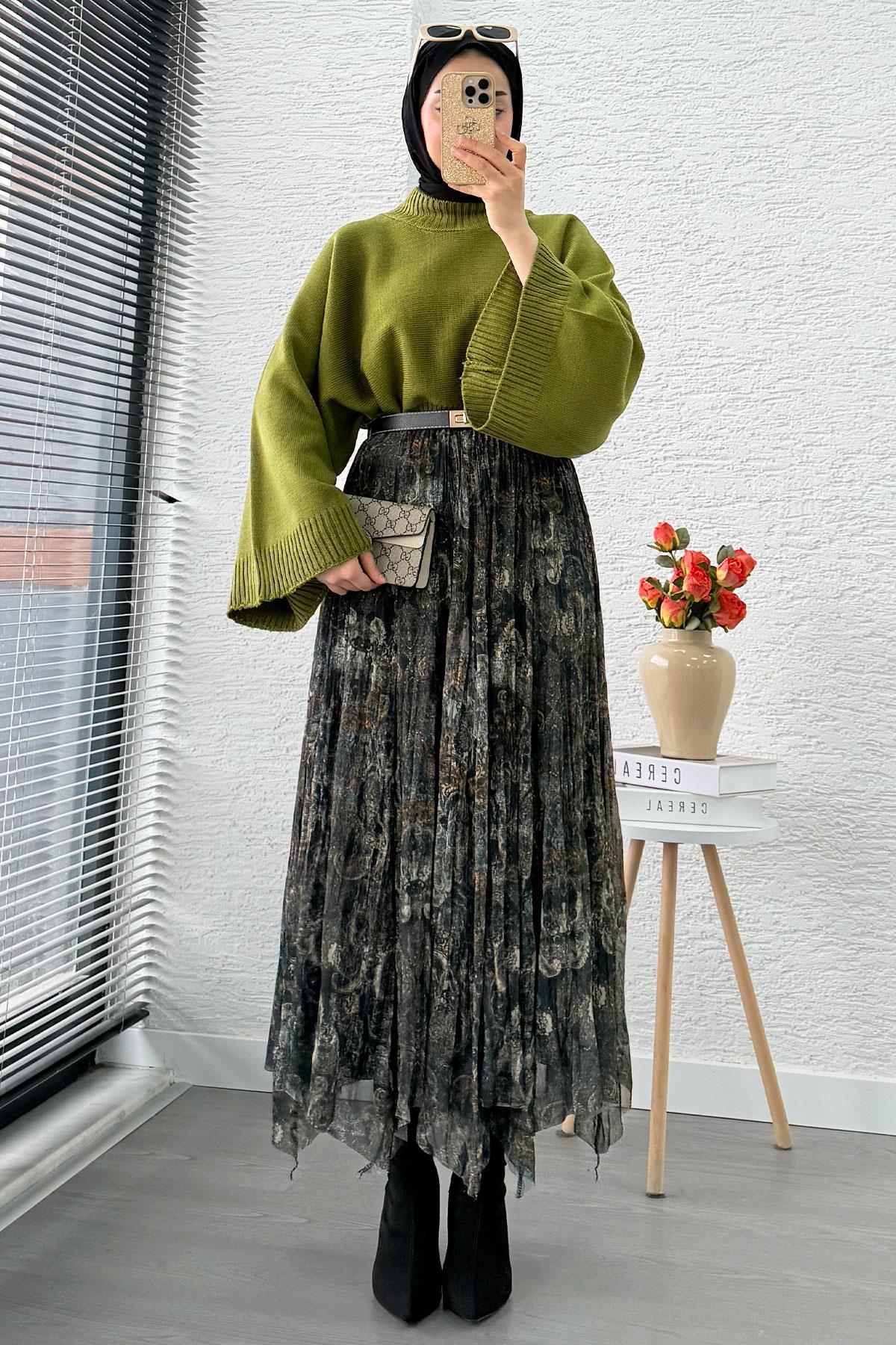 Asimetrik Kesim Astarlı Tül Midi Boy Etek - Yeşil