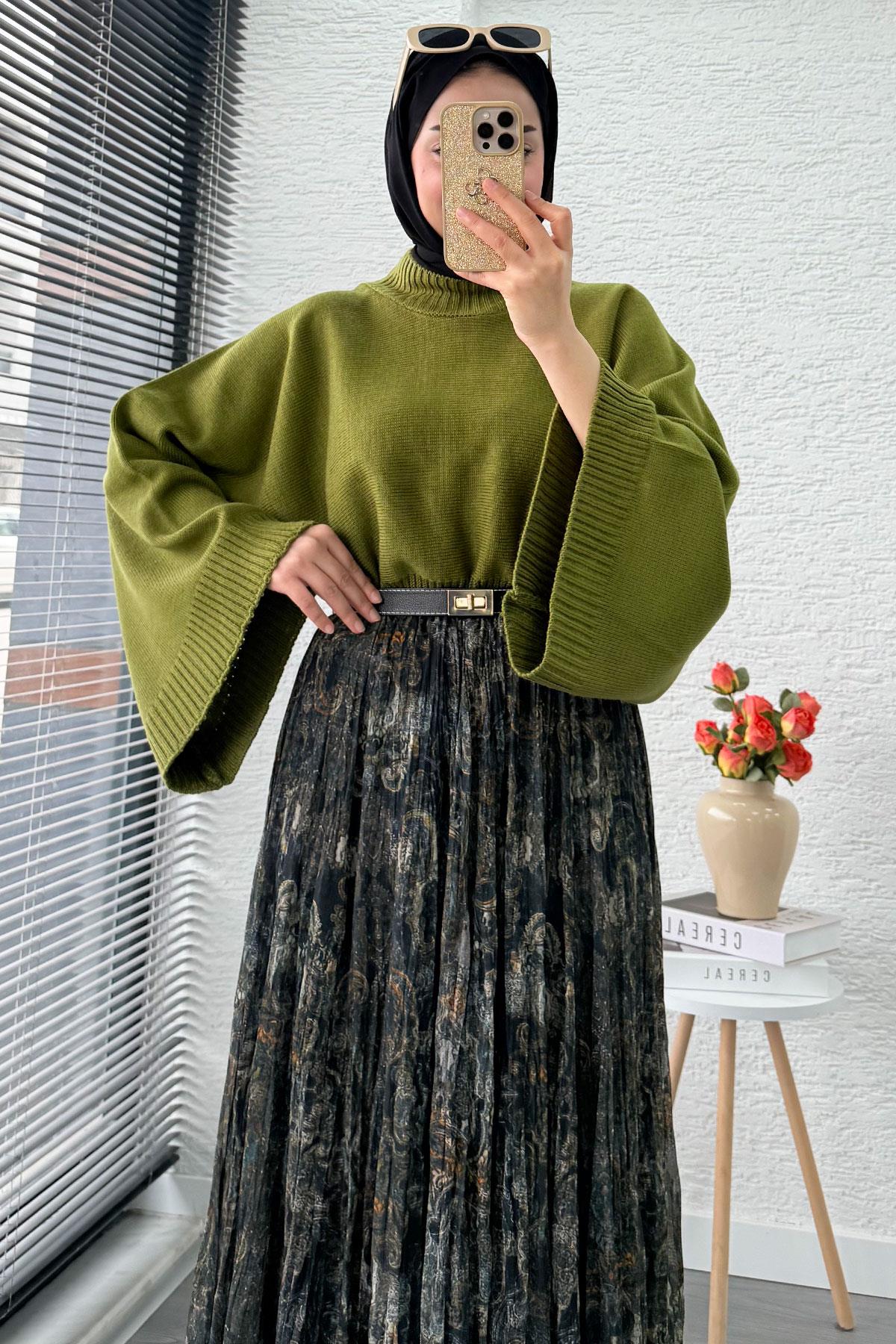 Asimetrik Kesim Astarlı Tül Midi Boy Etek - Yeşil