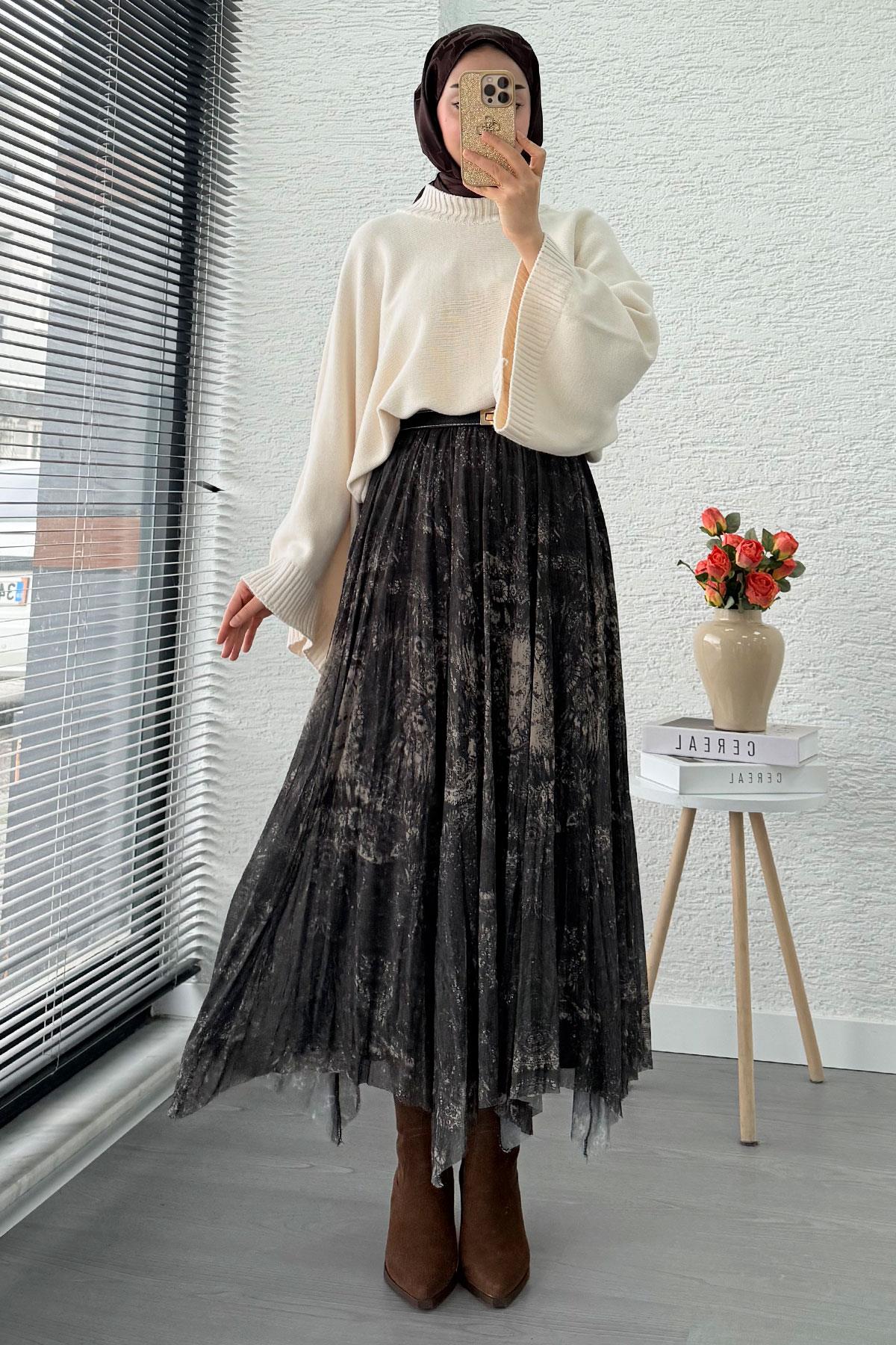 Asimetrik Kesim Astarlı Tül Midi Boy Etek - Haki