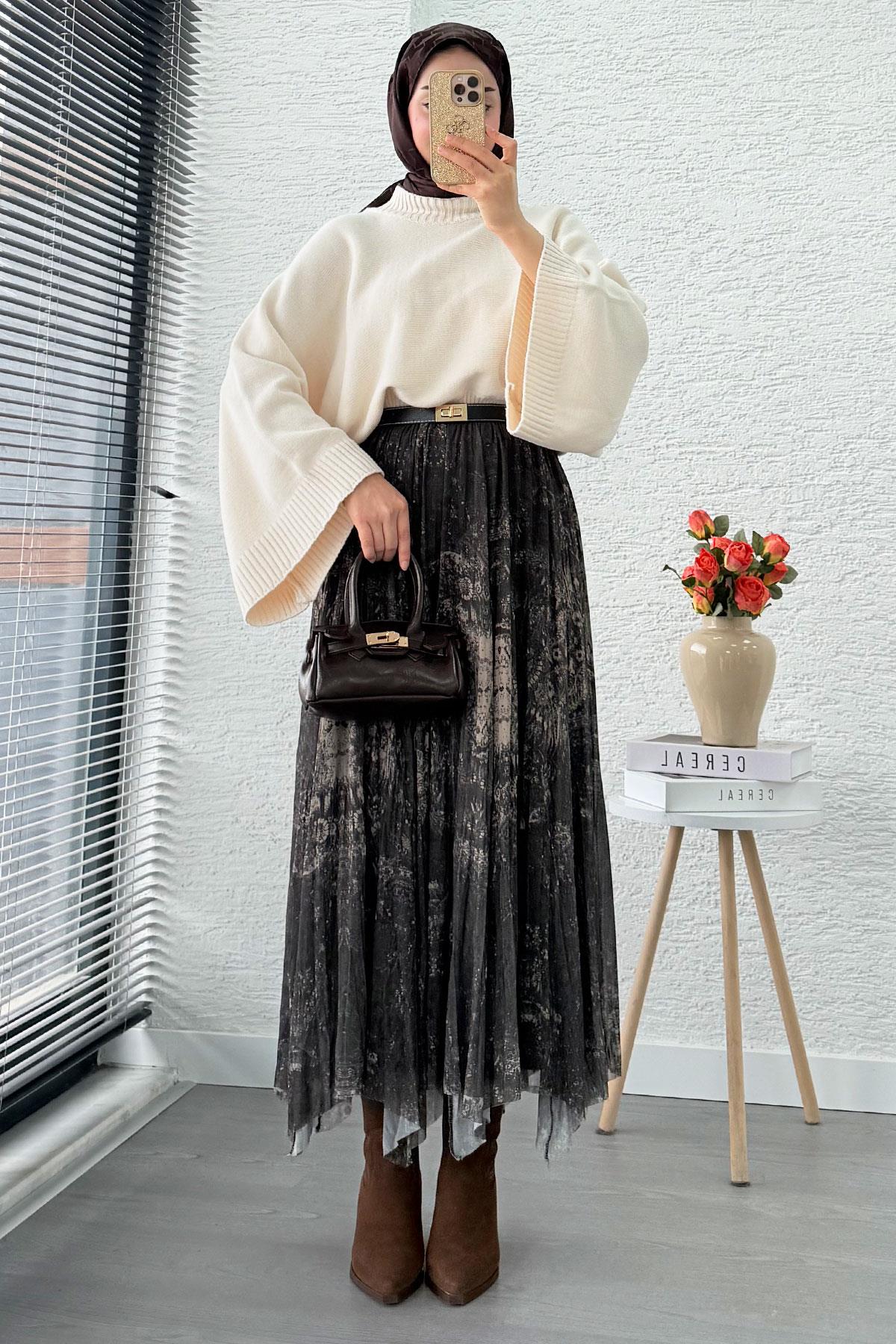 Asimetrik Kesim Astarlı Tül Midi Boy Etek - Haki