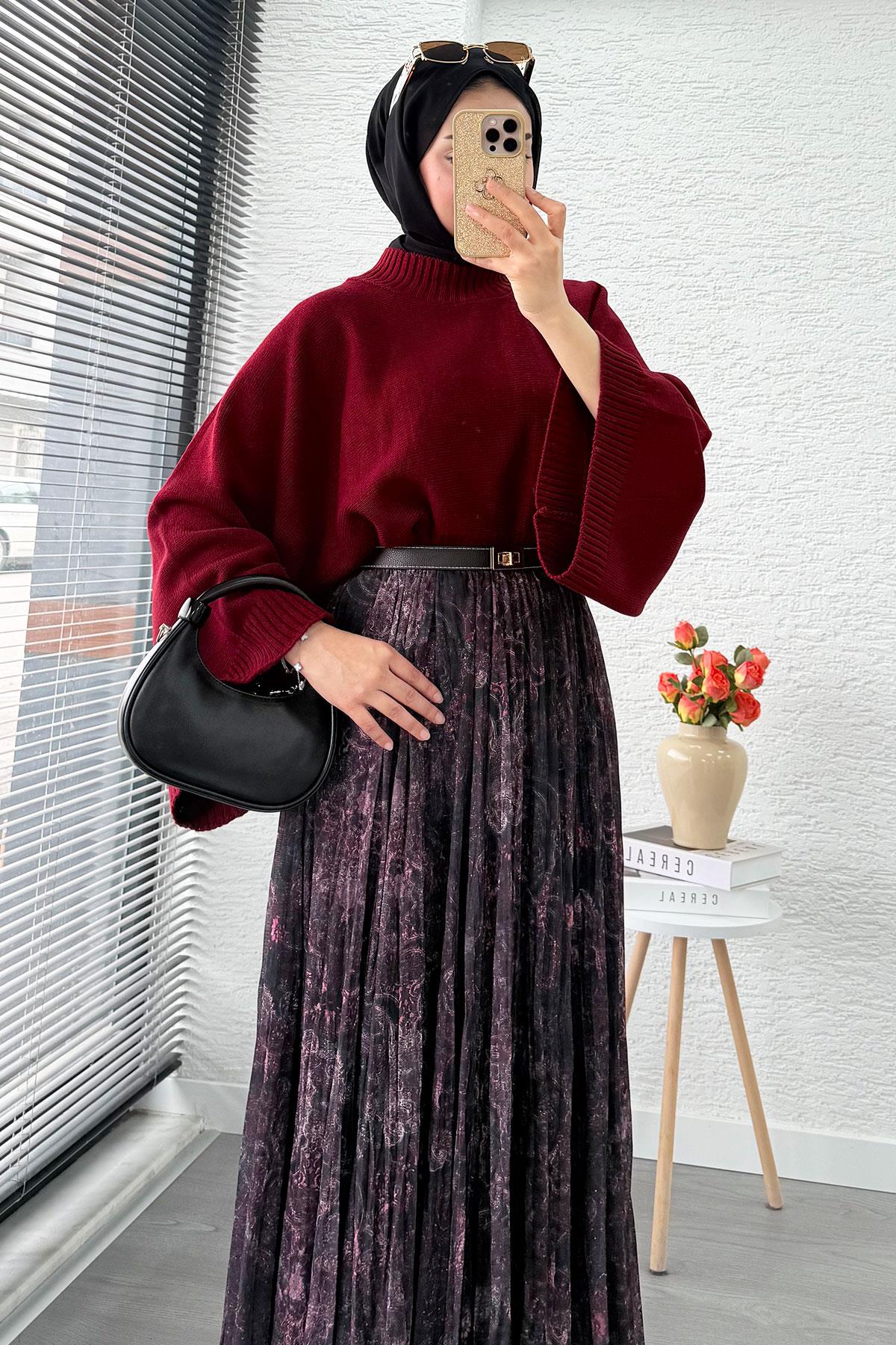 Asimetrik Kesim Astarlı Tül Midi Boy Etek - Siyah Bordo