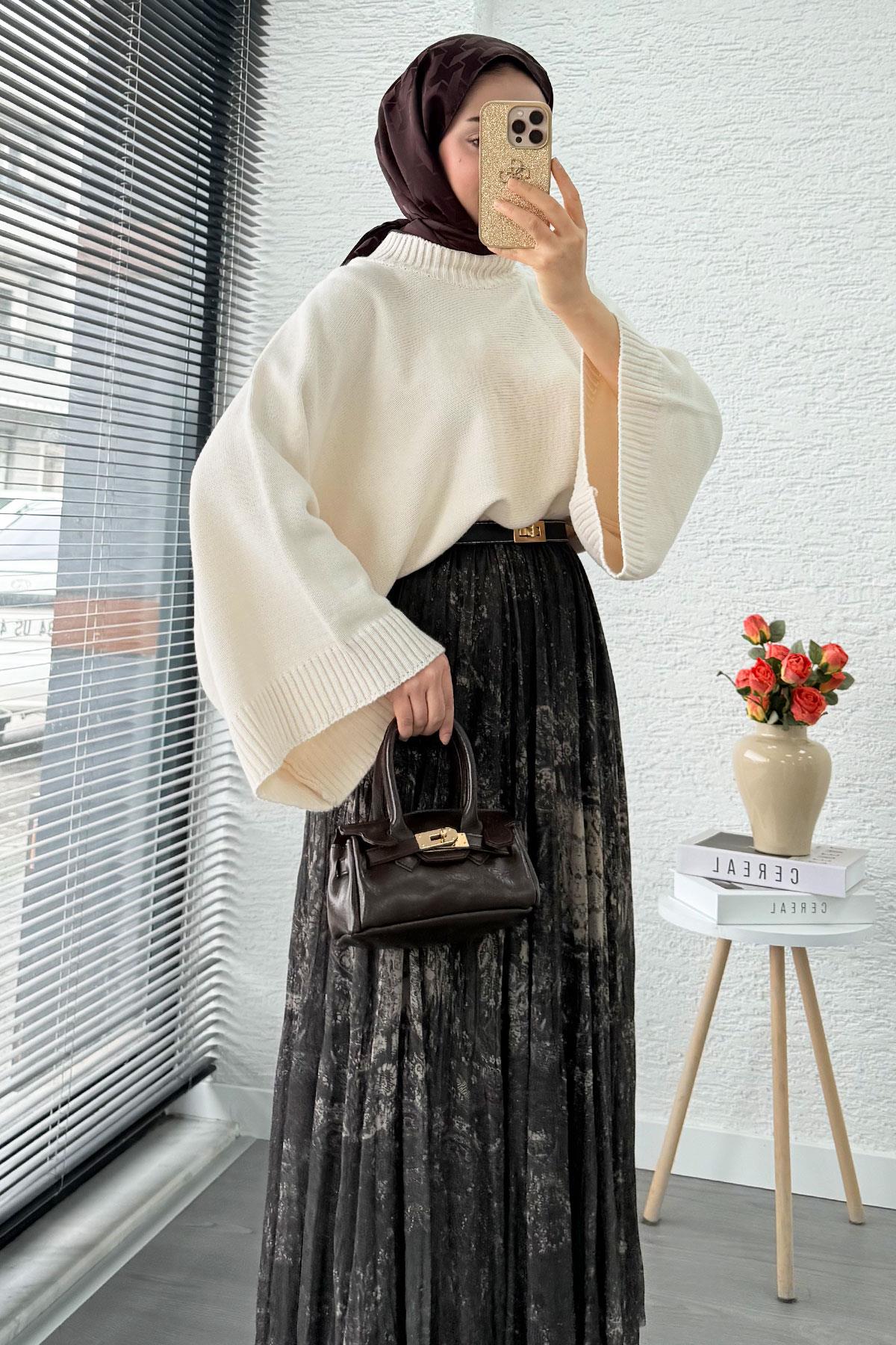 Asimetrik Kesim Astarlı Tül Midi Boy Etek - Haki