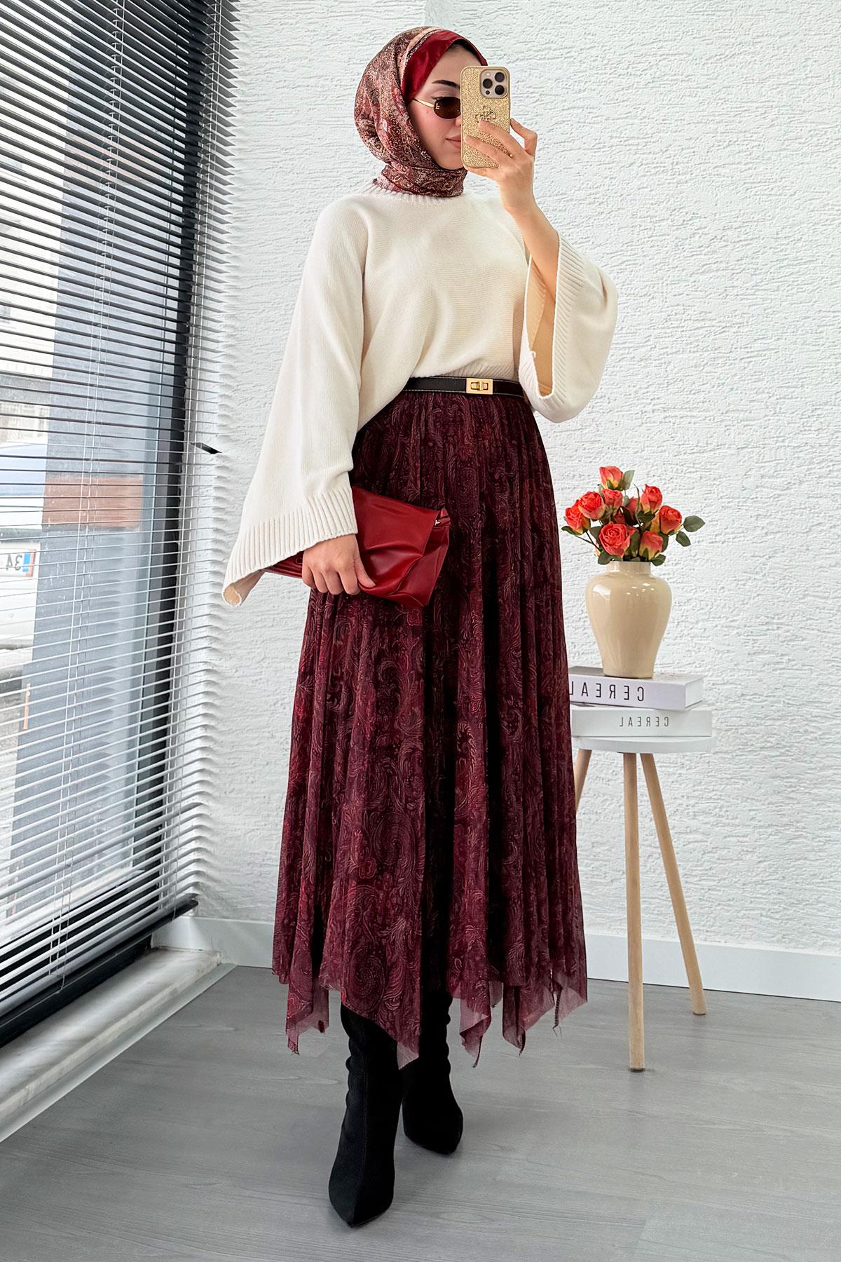 Asimetrik Kesim Astarlı Tül Midi Boy Etek - Bordo