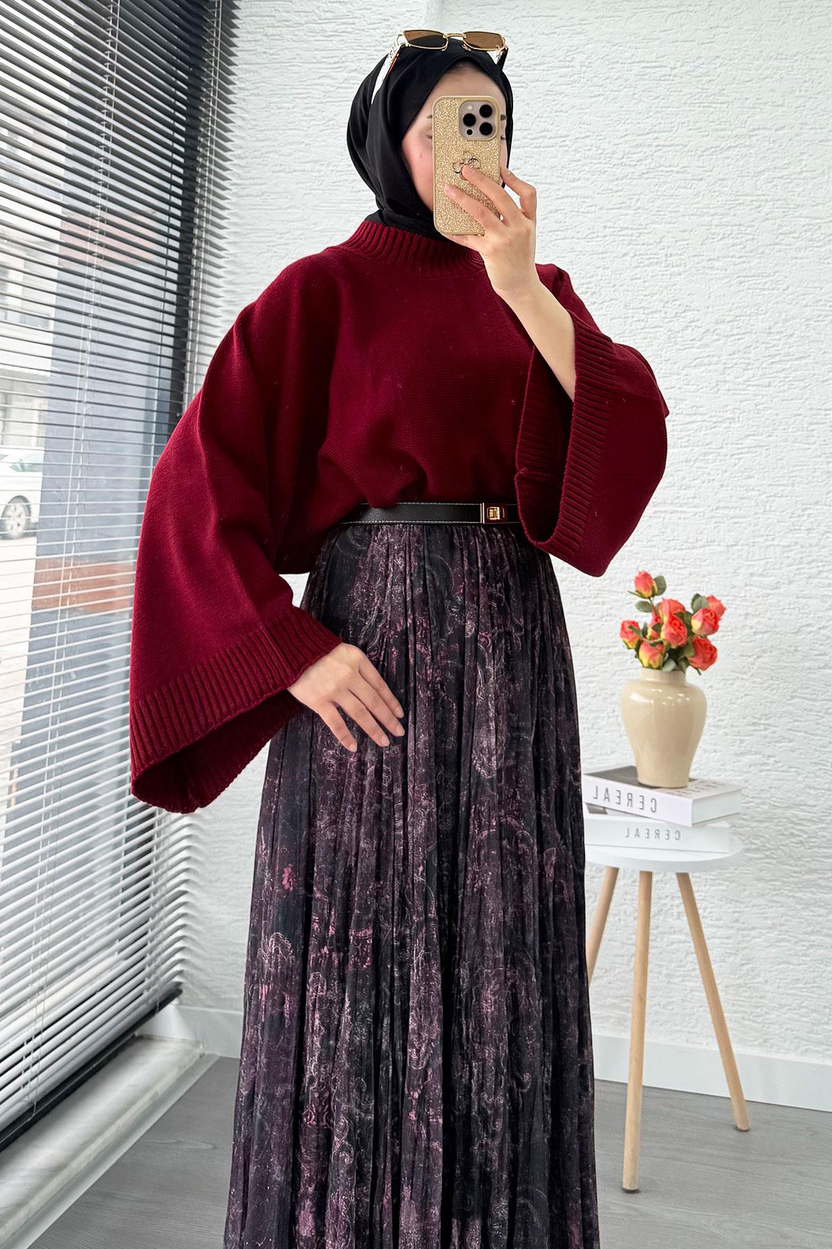 Asimetrik Kesim Astarlı Tül Midi Boy Etek - Siyah Bordo