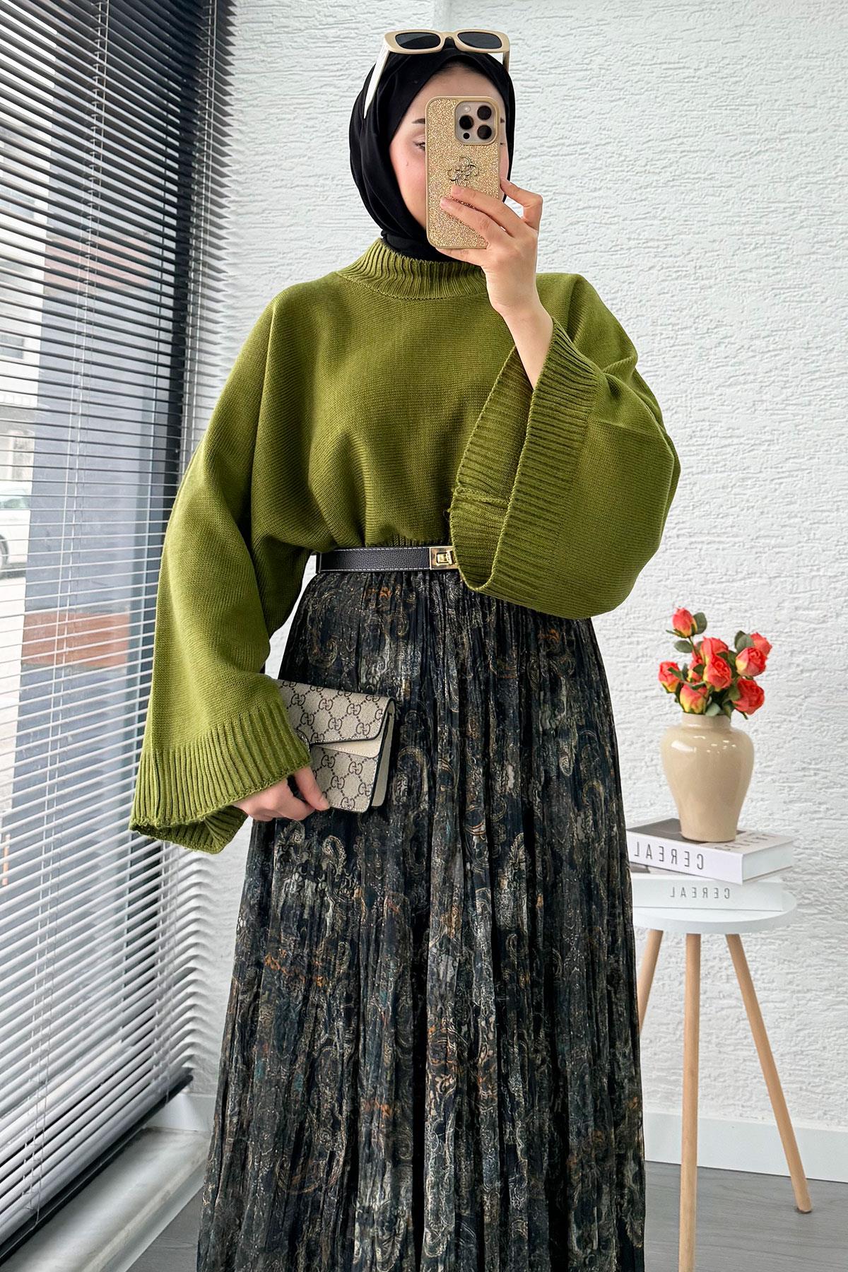 Asimetrik Kesim Astarlı Tül Midi Boy Etek - Yeşil