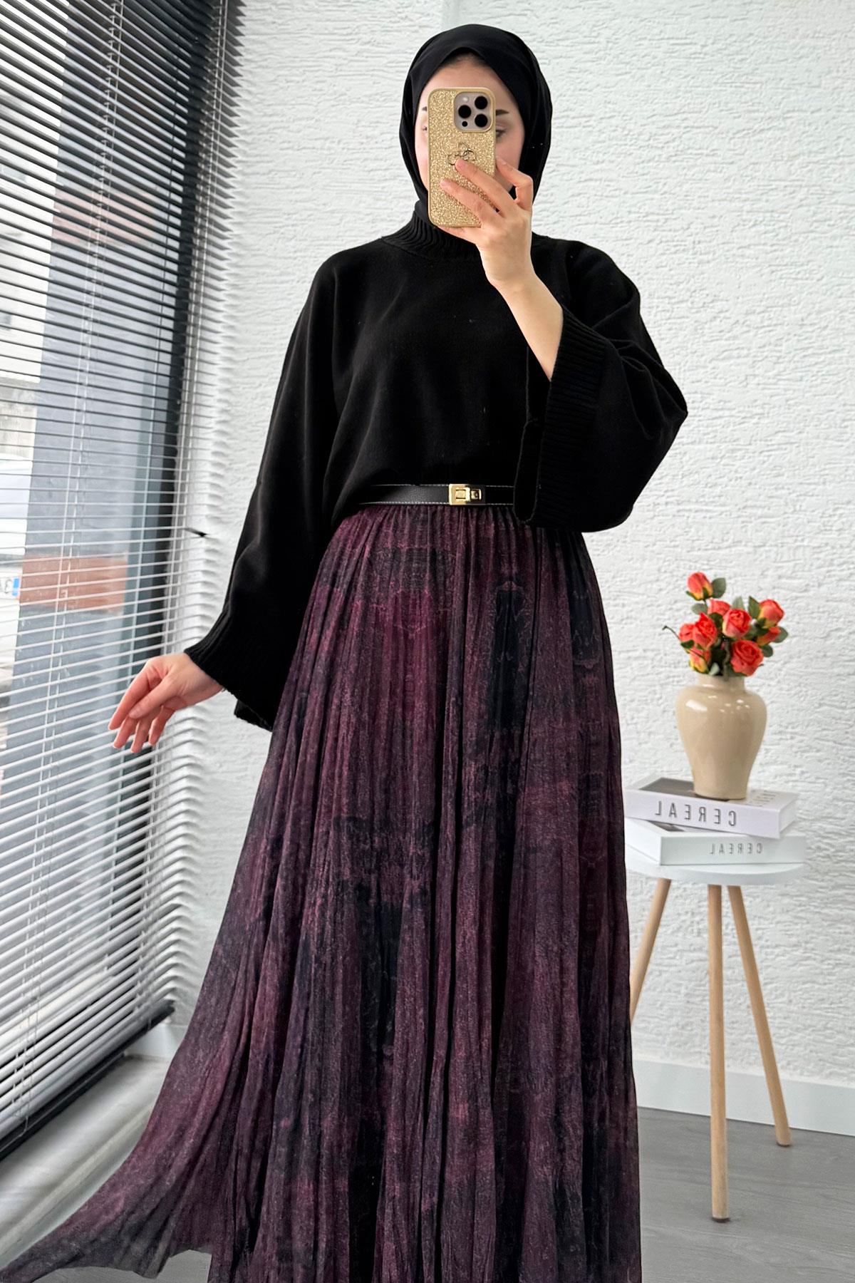 Asimetrik Kesim Astarlı Tül Midi Boy Etek - Siyah