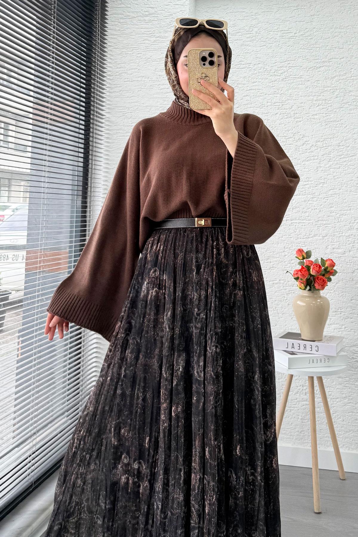 Asimetrik Kesim Astarlı Tül Midi Boy Etek - Acı Kahve