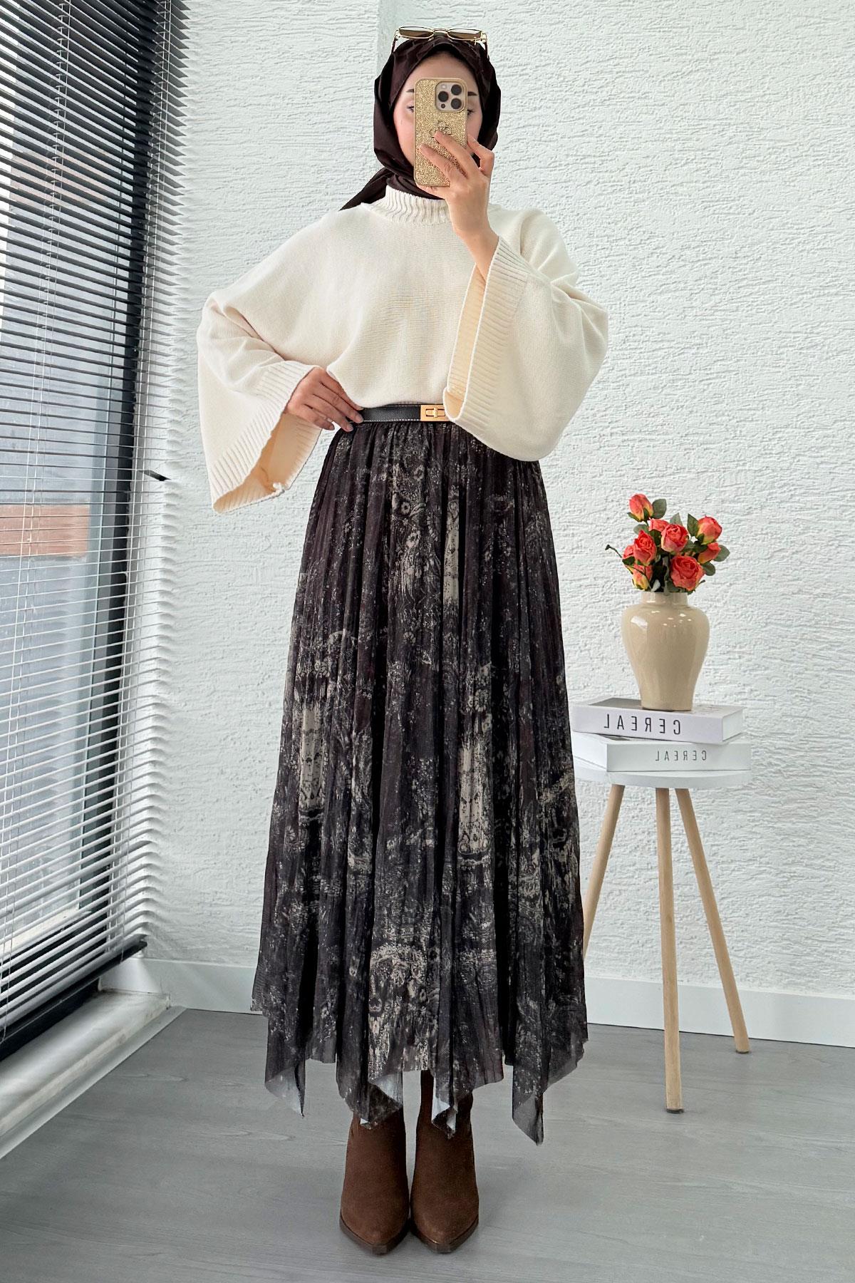 Asimetrik Kesim Astarlı Tül Midi Boy Etek - Kahverengi